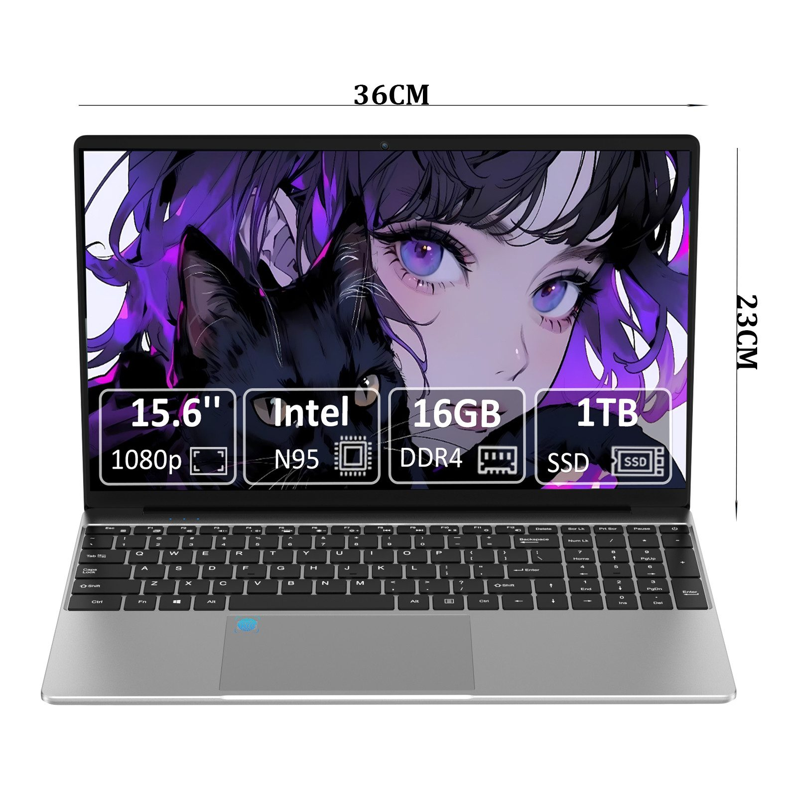 Laptop mit Anime-Bild auf dem Bildschirm. Merkmale: Intel N95, 16 GB DDR4, 1 TB SSD. Tastatur sichtbar.