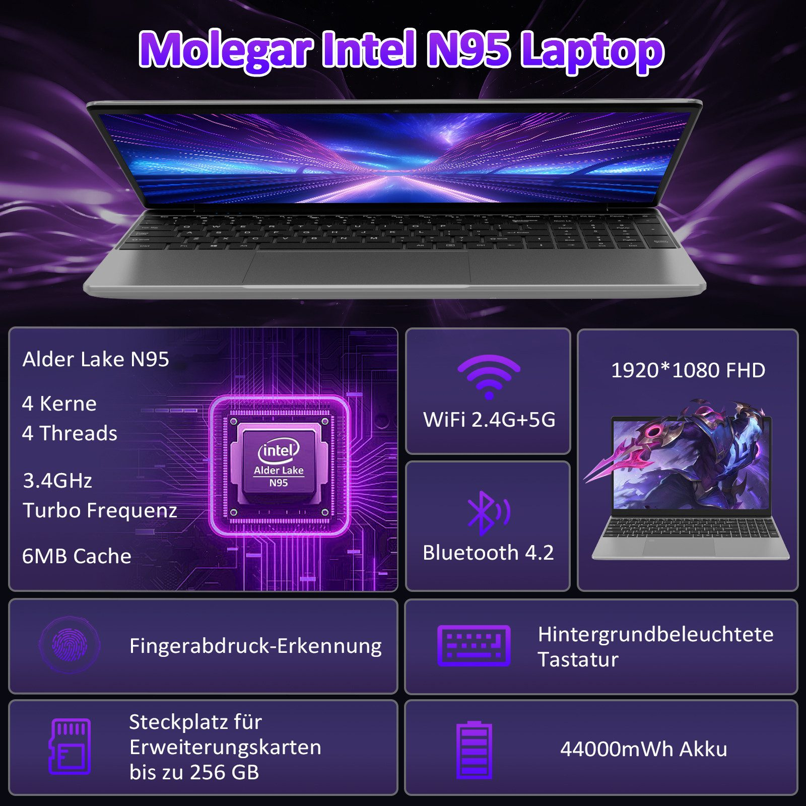 Laptop mit Intel N95. Zeigt Spezifikationen wie Prozessor, RAM und Funktionen wie Wi-Fi und Bluetooth.