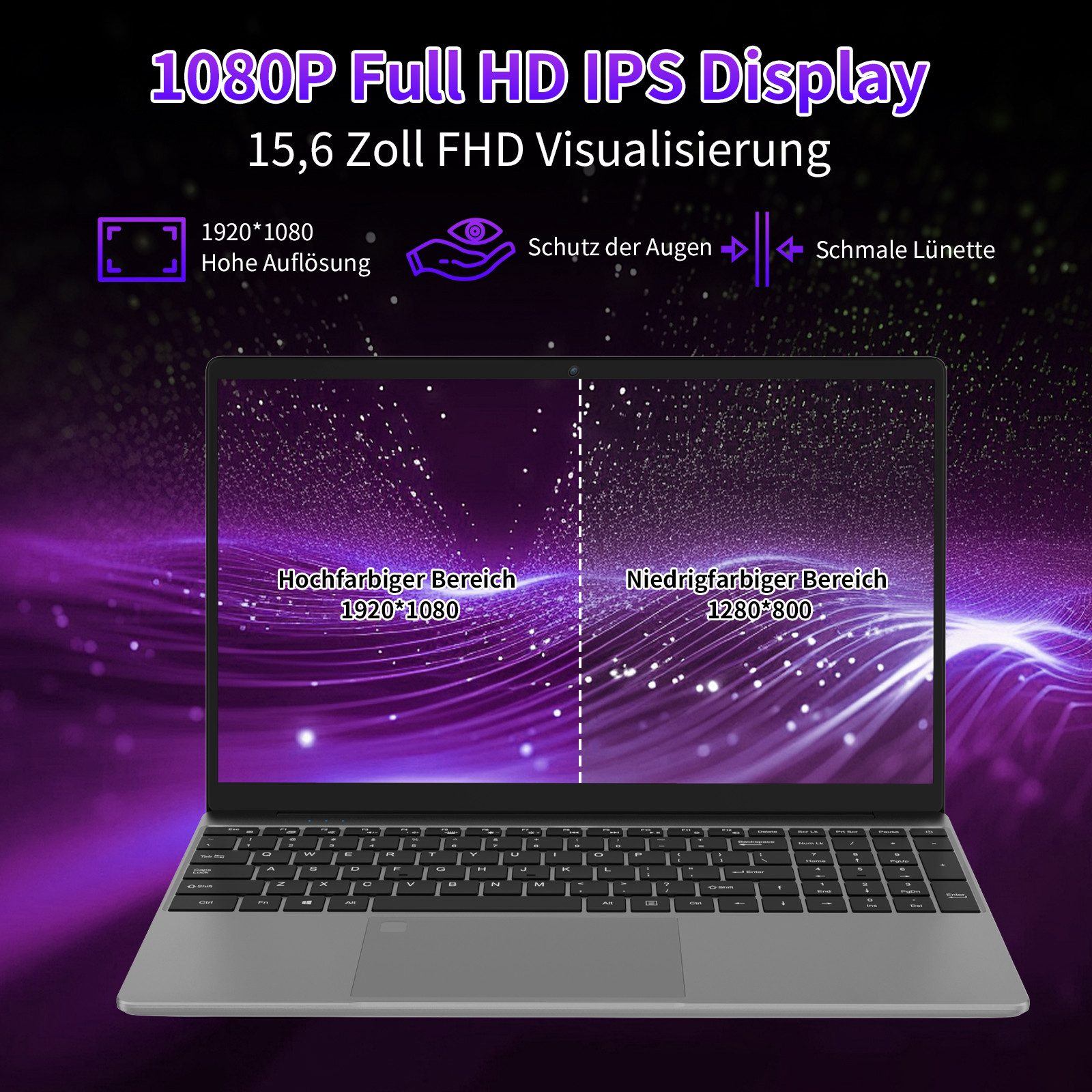 Laptop mit zwei Anzeigebereichen. Text zeigt Display-Eigenschaften und Auflösung an.