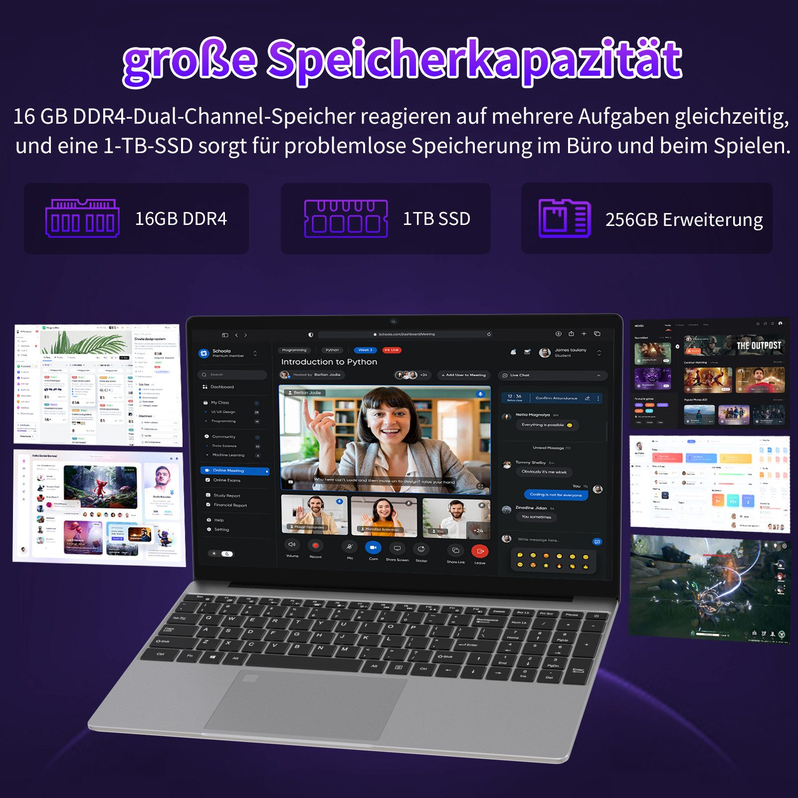 Laptop mit Videoanruf, App-Fenstern und Spezifikationen zur Speicherkapazität.