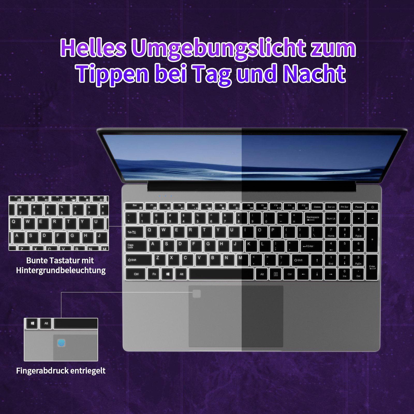 Laptop mit beleuchteter Tastatur, Fingerabdruck-Entsperrung und Landschaftsbildschirm. Purpurfarbener Hintergrund.