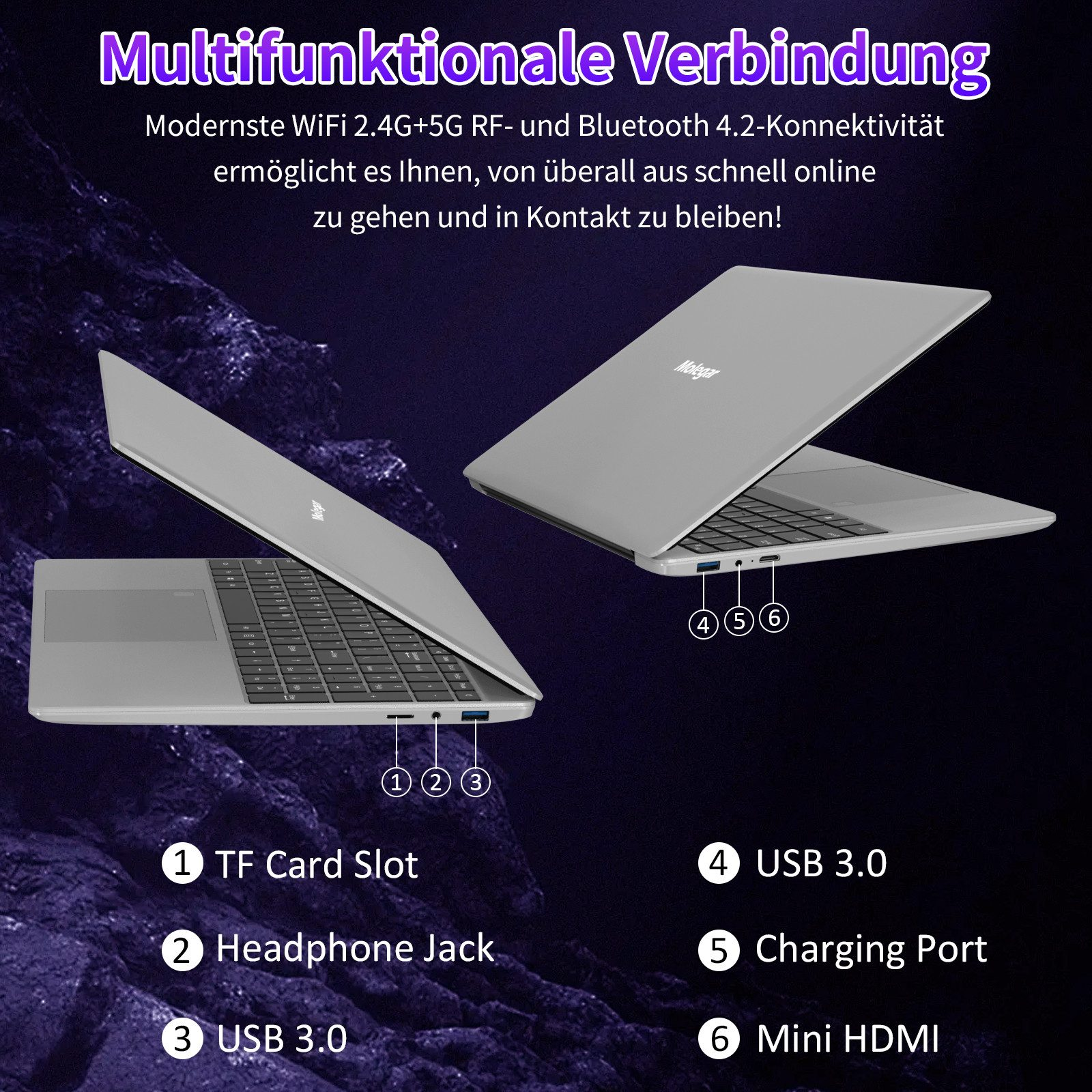 Zwei graue Laptops mit geöffneten Deckeln. Das Bild zeigt die Anschlüsse und Steckplätze an der Seite.