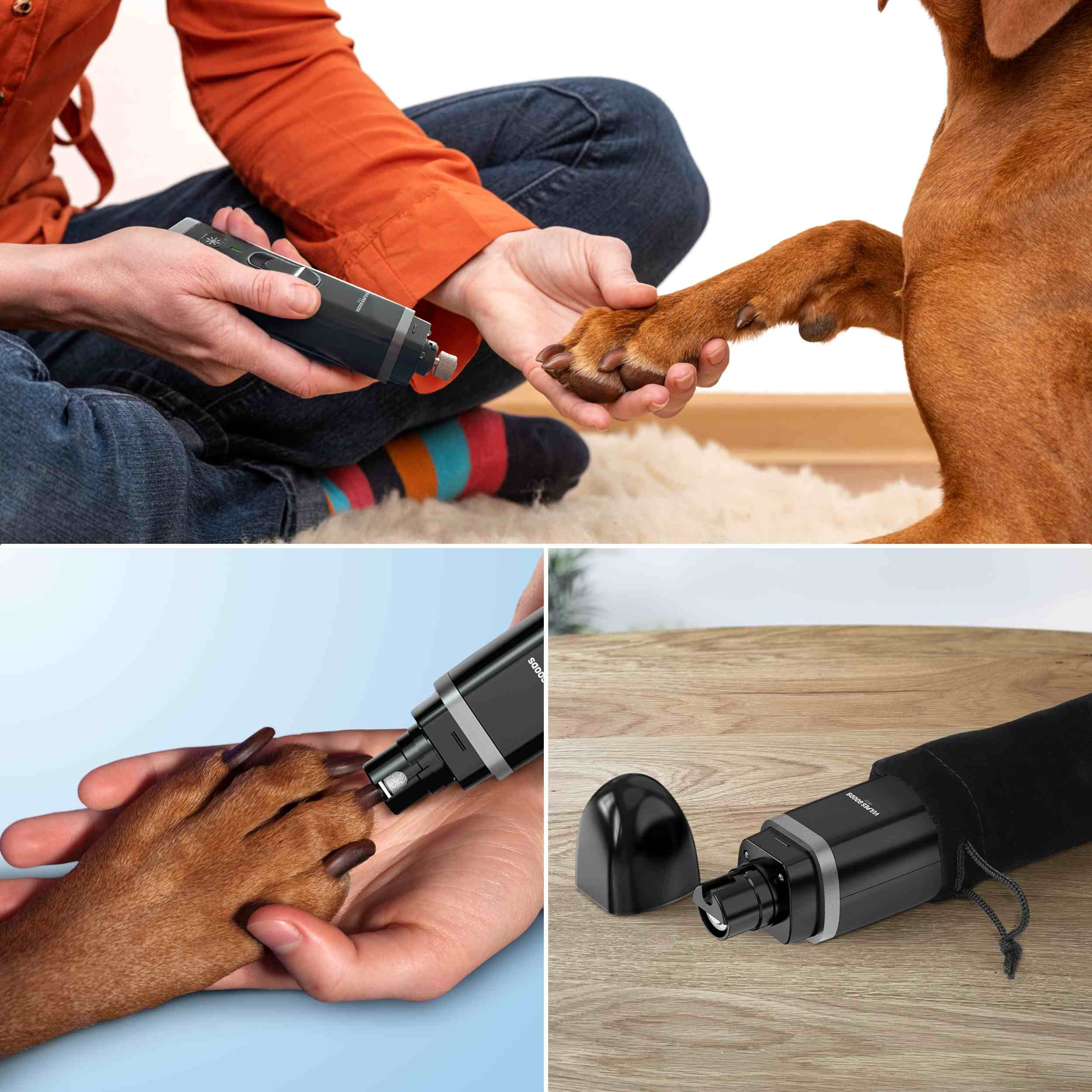 Eine Person schneidet einem Hund die Nägel mit einem schwarzen Nagelknipser. Der Hund ist braun. Die Person trägt Jeans und ein orangefarbenes Hemd.