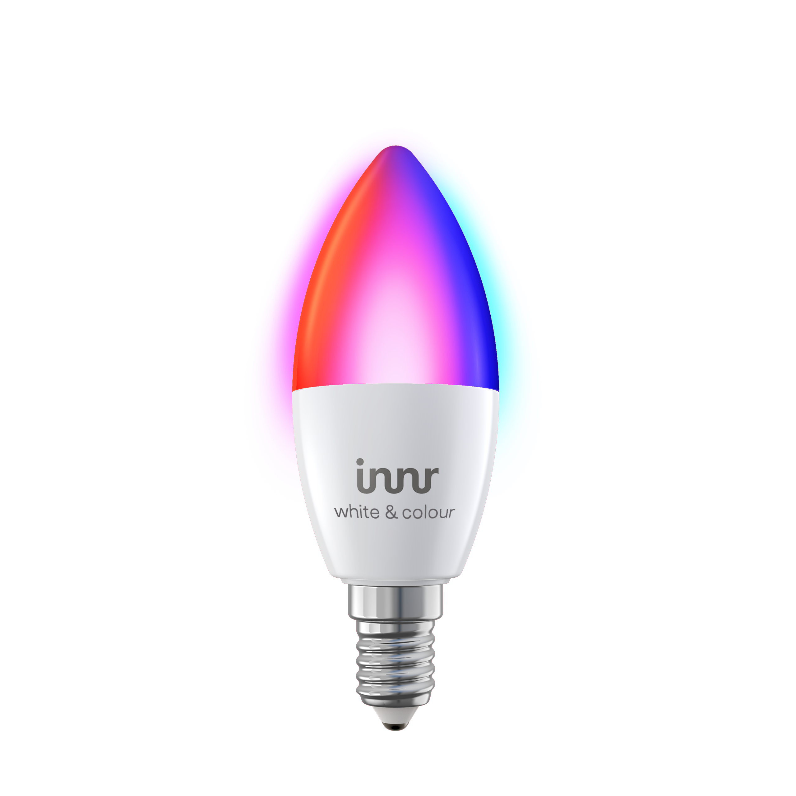 Une ampoule LED blanche et couleur avec une lumière rouge, rose et bleue sur fond noir. La marque est innr.