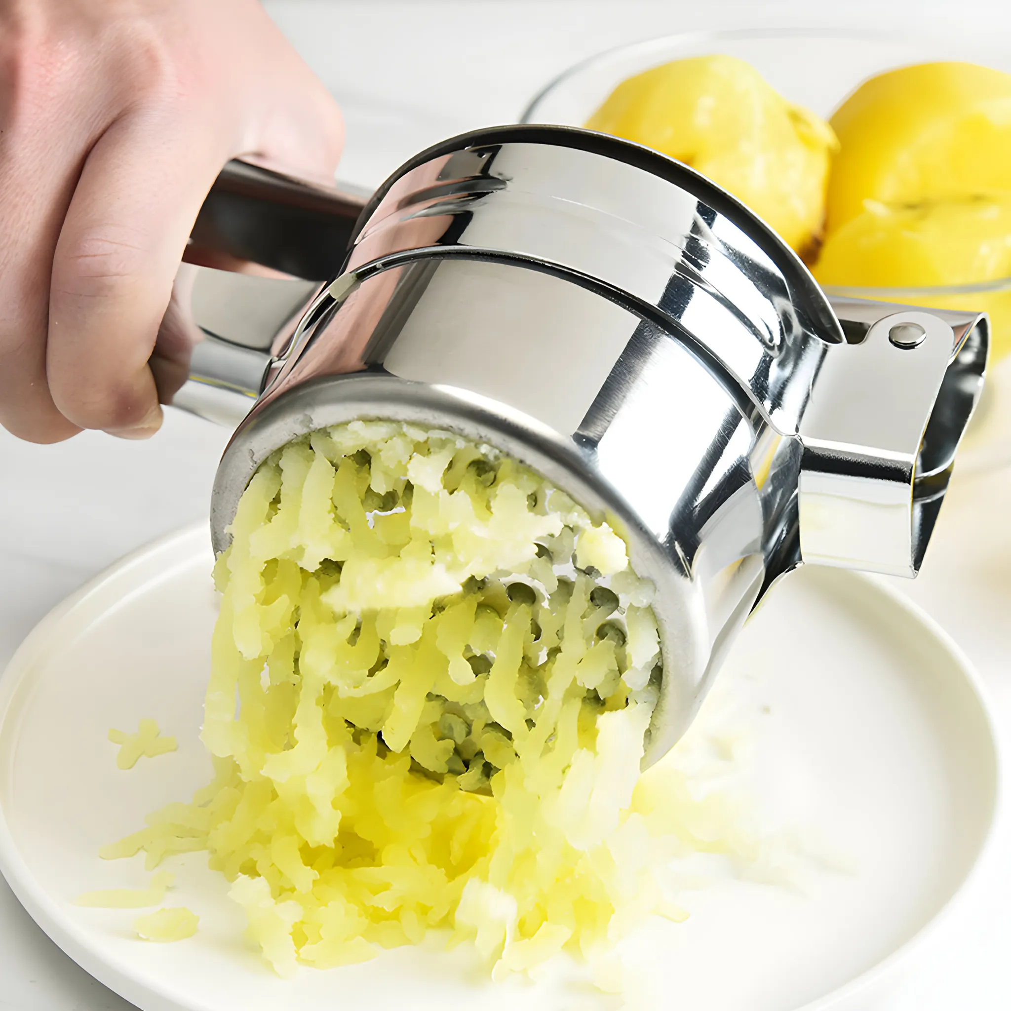 Eine Hand drückt eine Kartoffelpresse, die Kartoffelpüree auf einen weißen Teller abgibt. Gelbe Kartoffeln sind im Hintergrund.