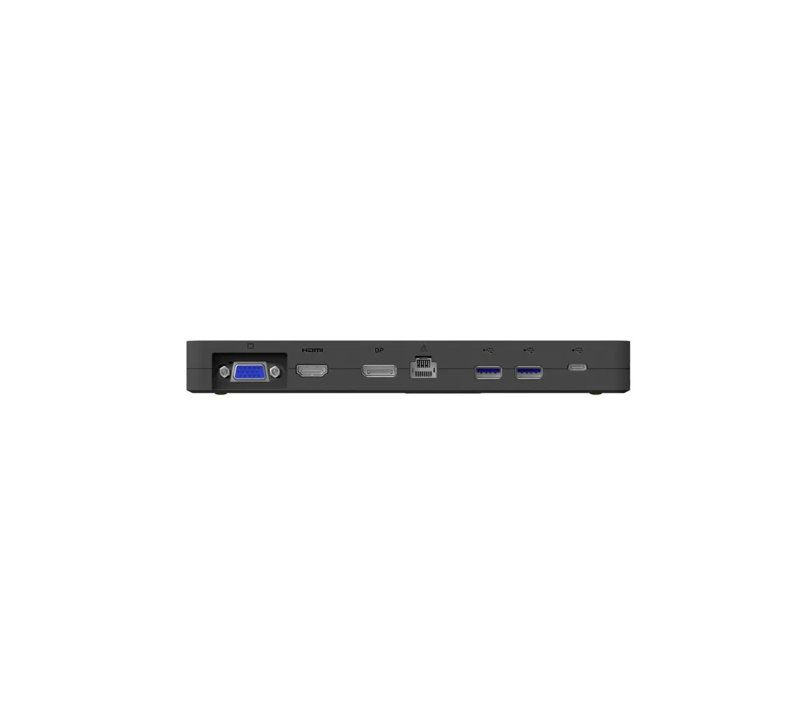 Eine dunkelgraue Dockingstation mit mehreren Anschlüssen, einschließlich HDMI, DP, USB und Ethernet, vor weißem Hintergrund.