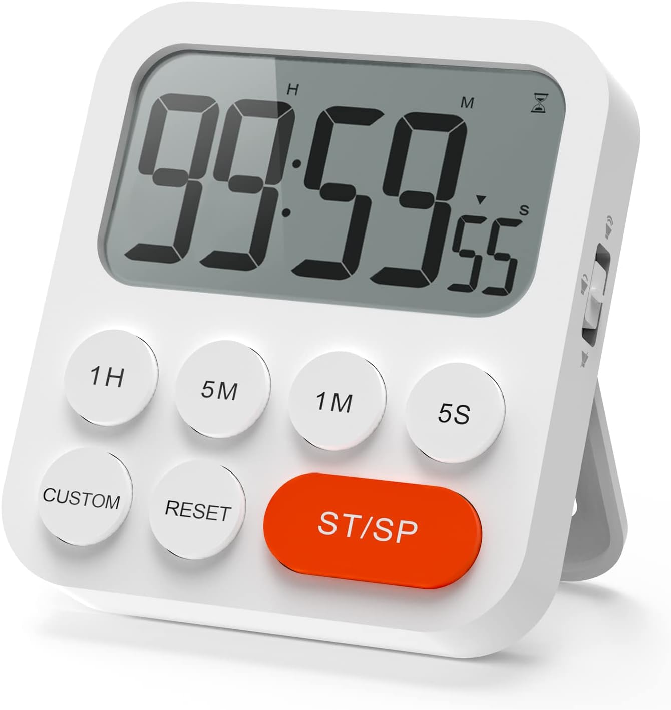 Ein weißer digitaler Küchentimer zeigt 99:59:55 an. Er hat Tasten für 1H, 5M, 1M, 5S, benutzerdefiniert, zurücksetzen und ST/SP (Start/Stopp).