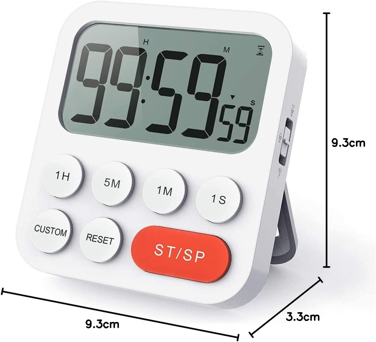 Ein weißer digitaler Küchentimer mit einer Anzeige von 99:59:59. Er hat Knöpfe für Stunden, Minuten, Sekunden, benutzerdefiniert, zurücksetzen und Start/Stopp.