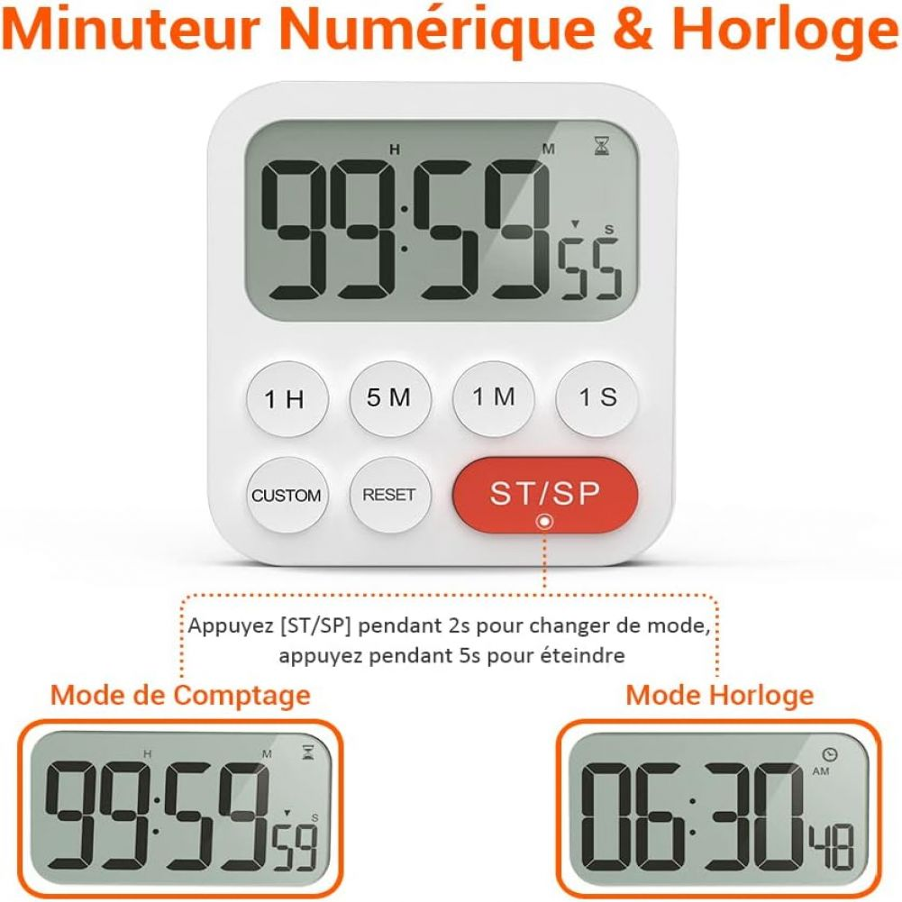 Ein weißer digitaler Timer, der 99:59:55 anzeigt. Tasten sind 1H, 5M, 1M, 1S, Custom, Reset und ST/SP. Zwei Modi werden angezeigt.