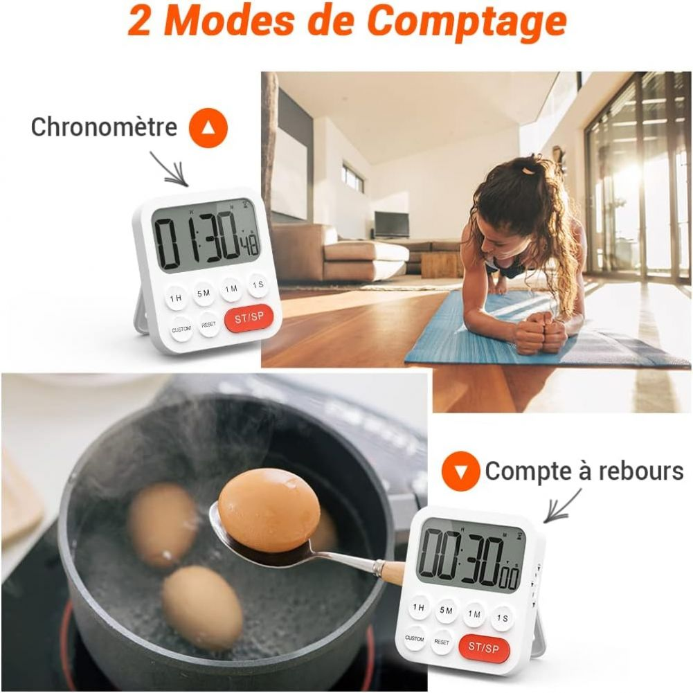 Das Bild zeigt einen Timer, eine Frau beim Training und kochende Eier. Der Timer zeigt die Zeit an. Der Text lautet '2 Modes de Comptage'.
