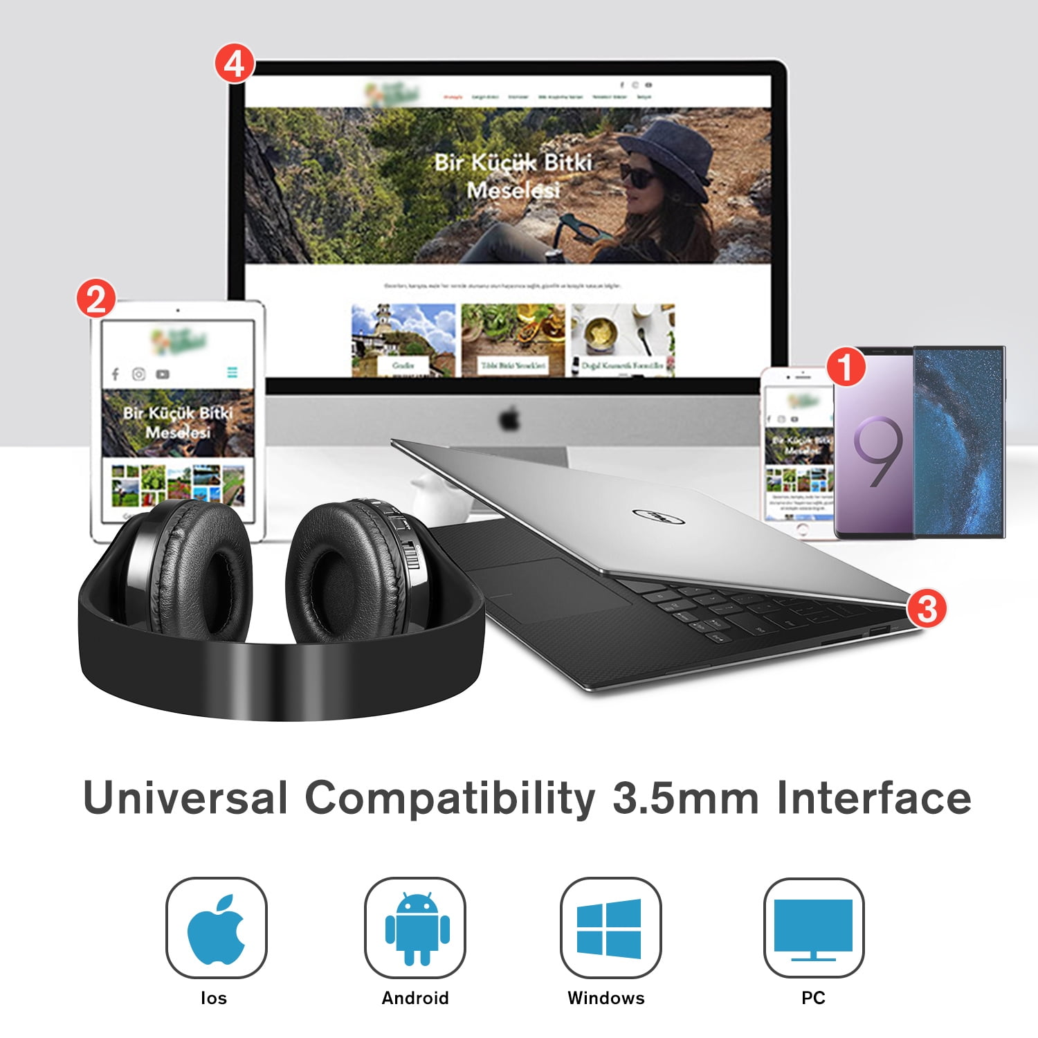 Ein Setup mit Telefon, Tablet, Laptop und Monitor, auf dem eine Website angezeigt wird. Kopfhörer im Vordergrund, darunter Kompatibilitätssymbole.