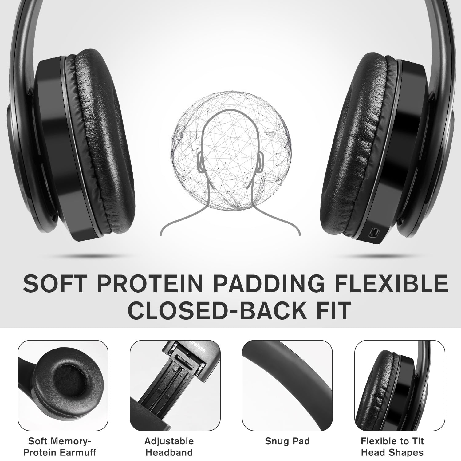 Schwarze Kopfhörer mit weicher Proteinpolsterung und flexibler, geschlossener Passform. Merkmale: verstellbares Kopfband und anschmiegsame Polster.