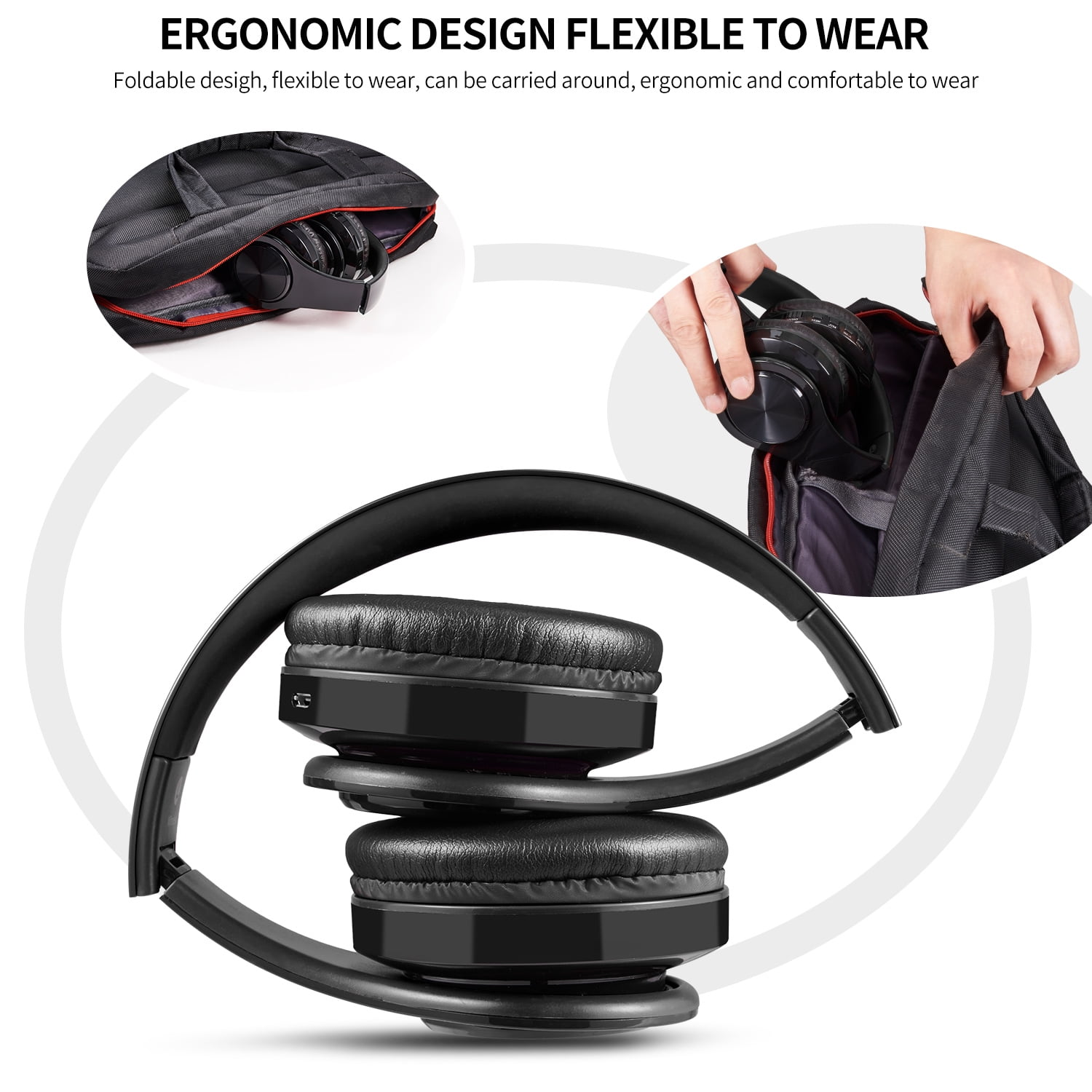 Faltbare schwarze Kopfhörer in verschiedenen Positionen, auch in einer Tasche. Text erwähnt ergonomisches Design und Flexibilität.