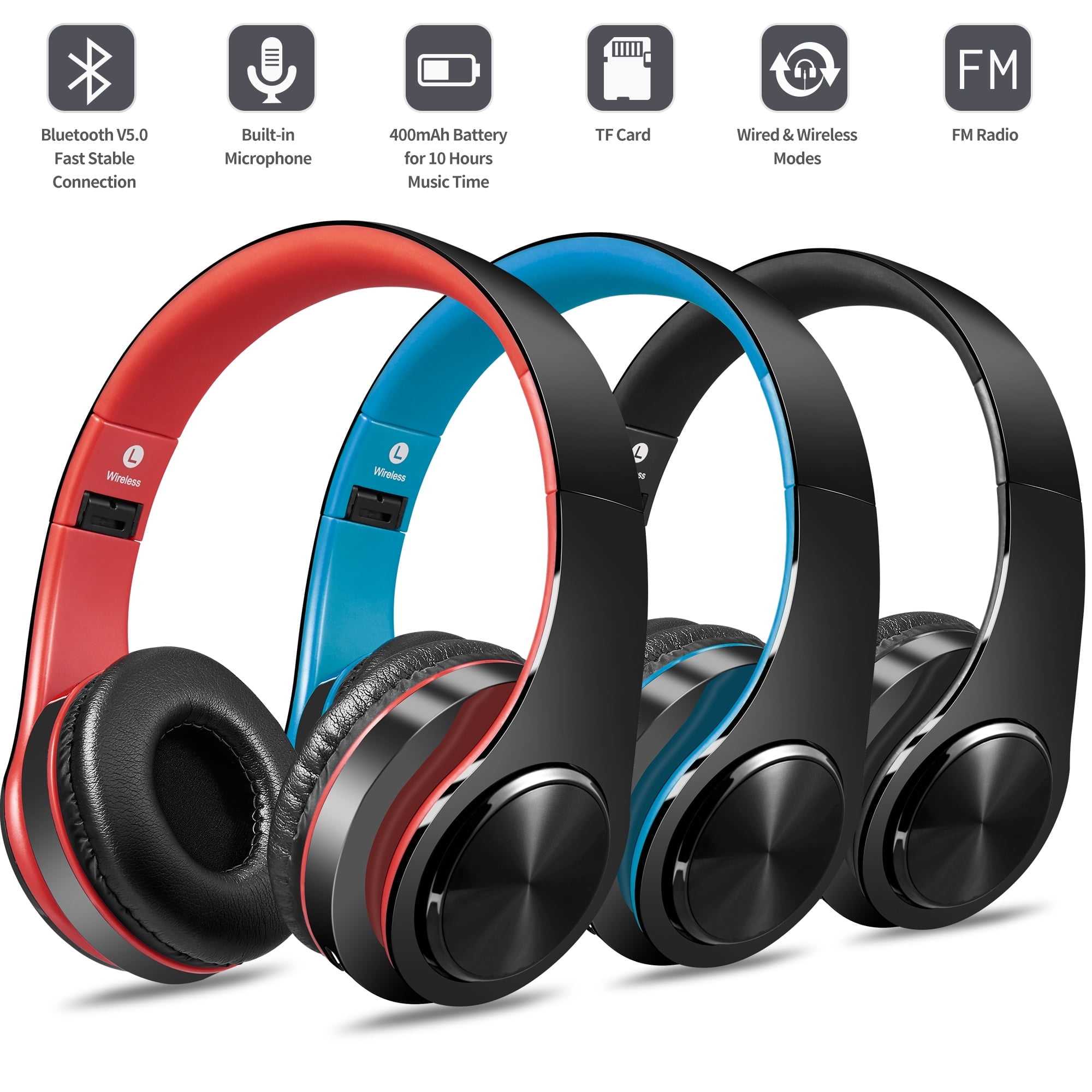 Drei kabellose Kopfhörer, rot, blau und schwarz. Jedes hat Ohrmuscheln und ein Kopfband. Symbole zeigen Bluetooth, Mikrofon und Akku an.