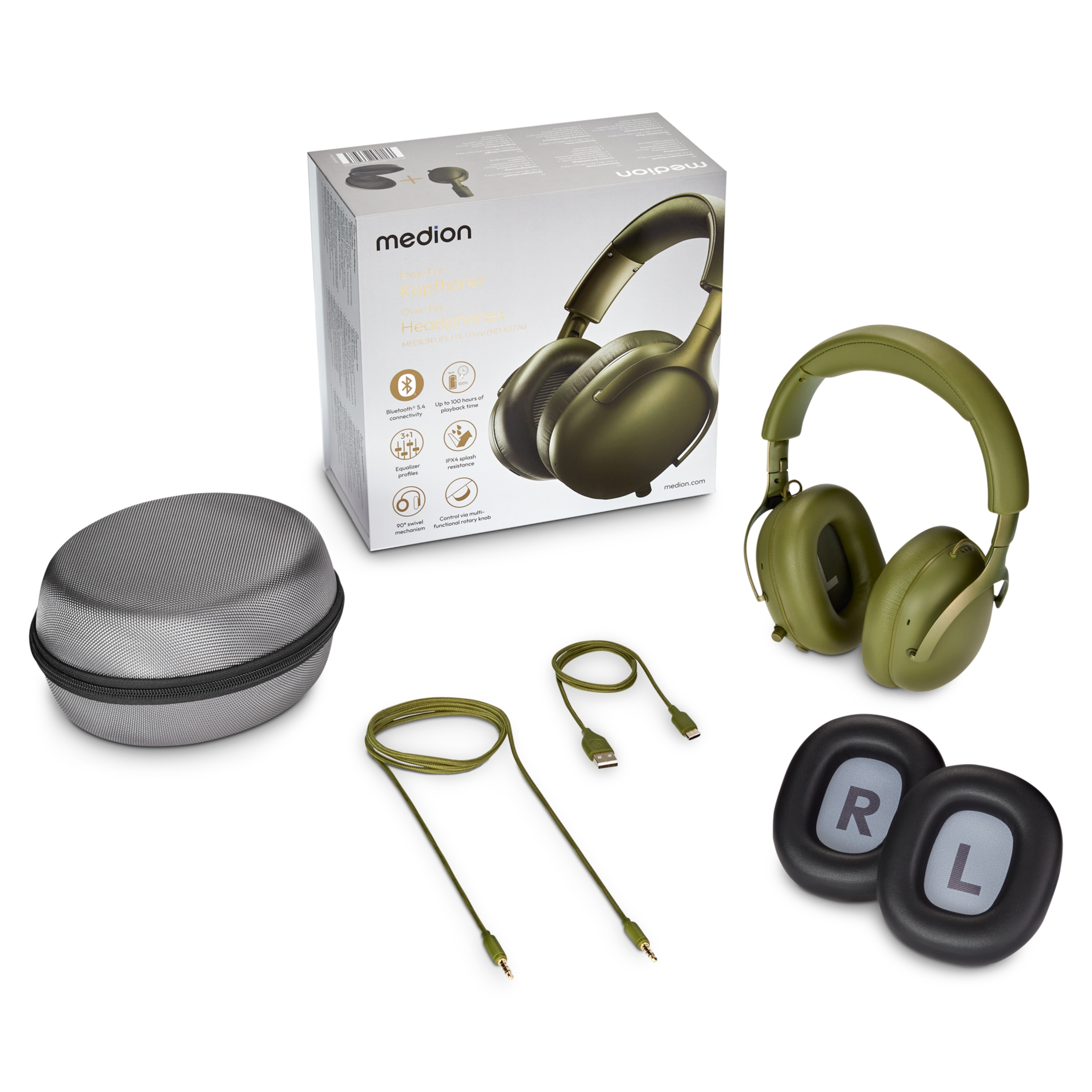 Olive green headphones, box, case, cables and spare ear pads on white background.