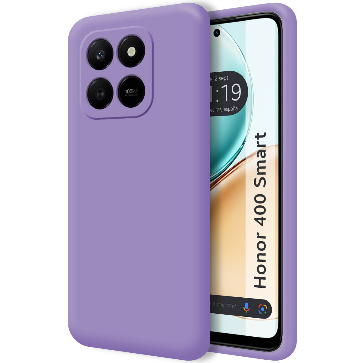 Una funda de teléfono morada y un teléfono. La pantalla del teléfono muestra la hora y las palabras "Honor 400 Smart".