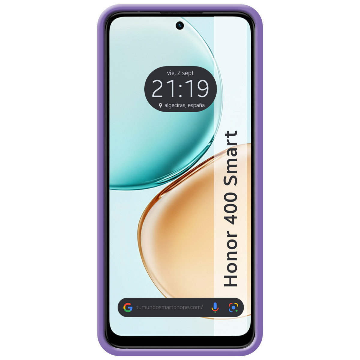 Una pantalla de teléfono muestra la hora, la fecha y la ubicación. El teléfono tiene un marco morado y un fondo degradado.