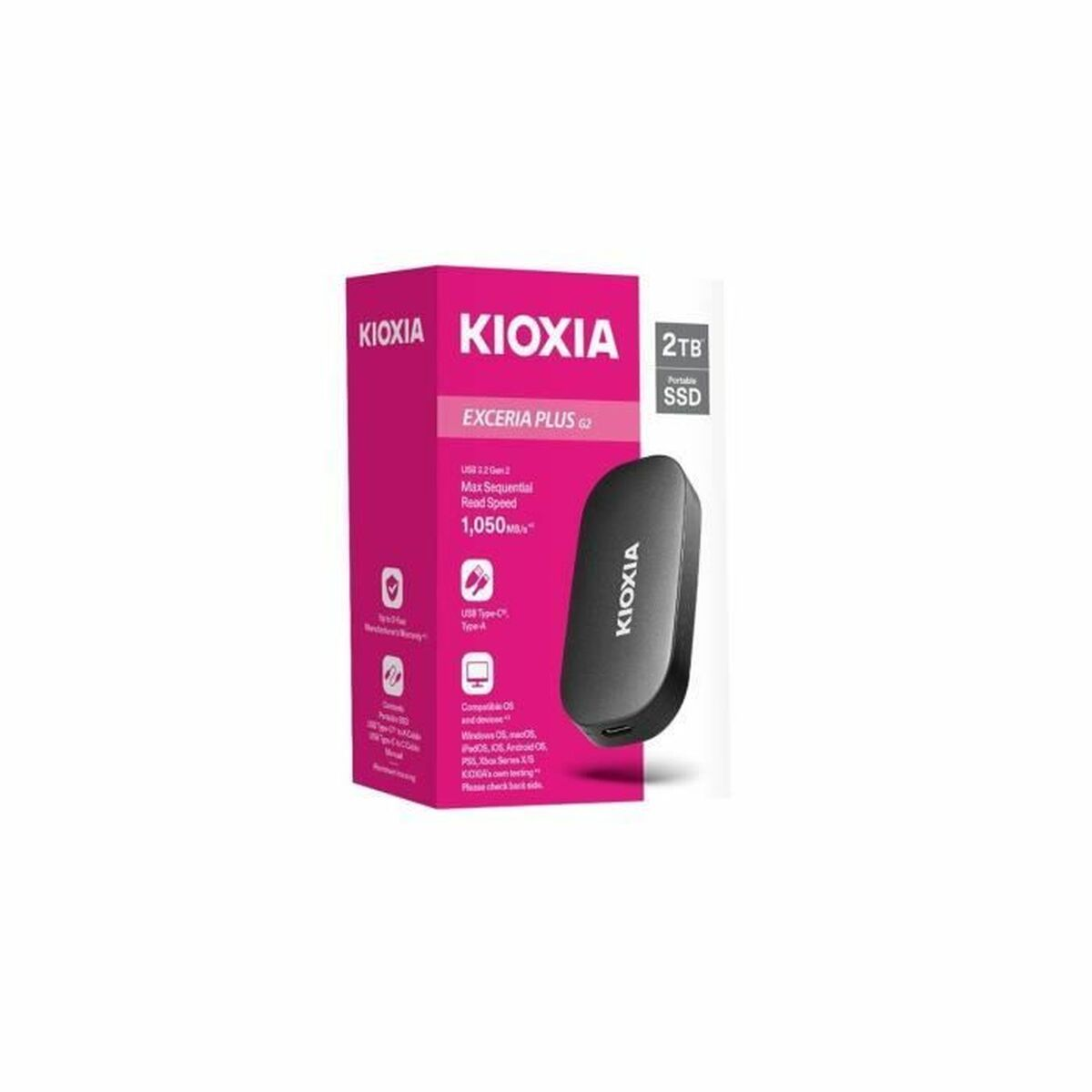 Eine KIOXIA Exceria Plus 2TB tragbare SSD-Box und die schwarze SSD selbst werden vor weißem Hintergrund angezeigt.