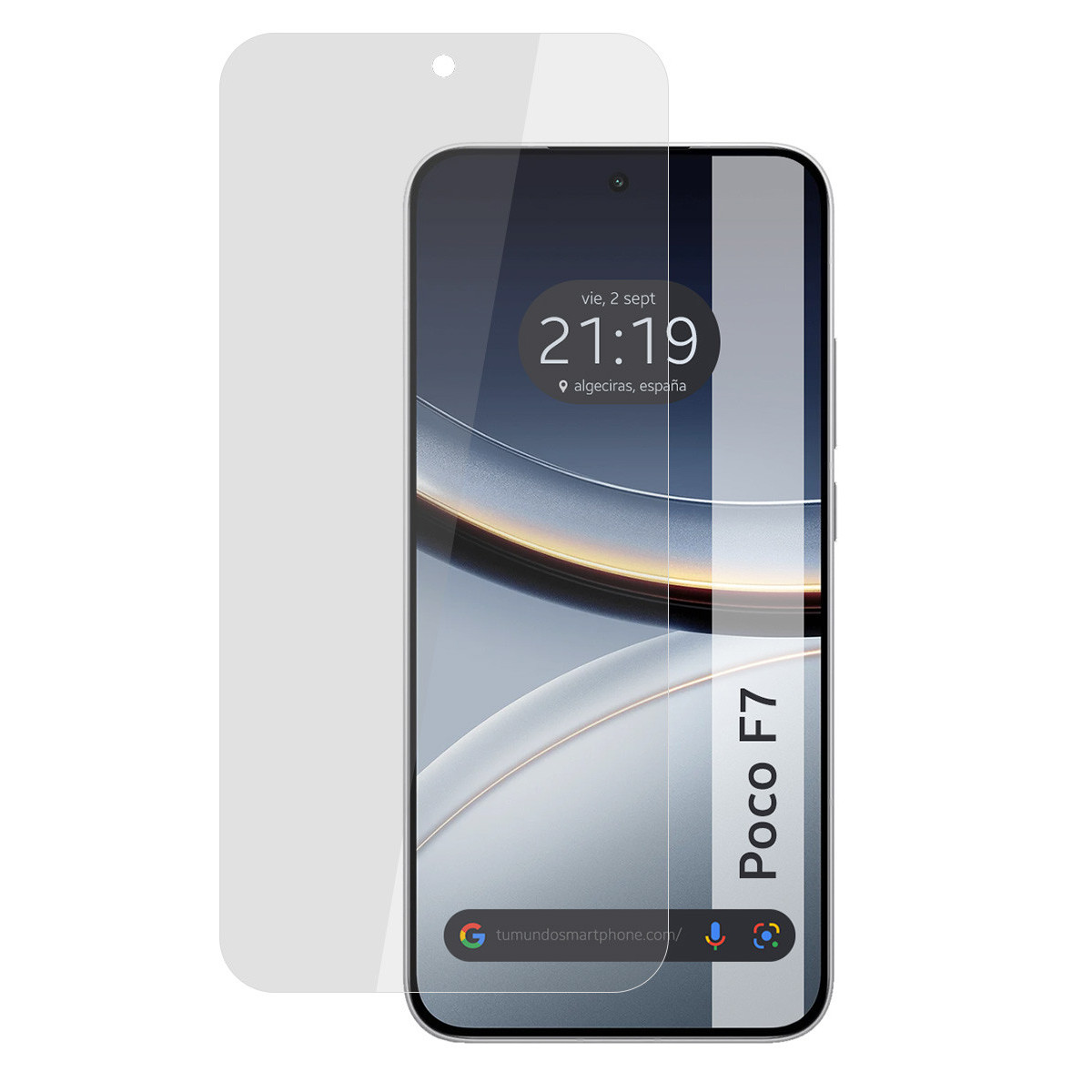 Uno smartphone con protezione schermo. Lo schermo mostra l'ora, la data e il luogo. Il telefono è etichettato Poco F7.