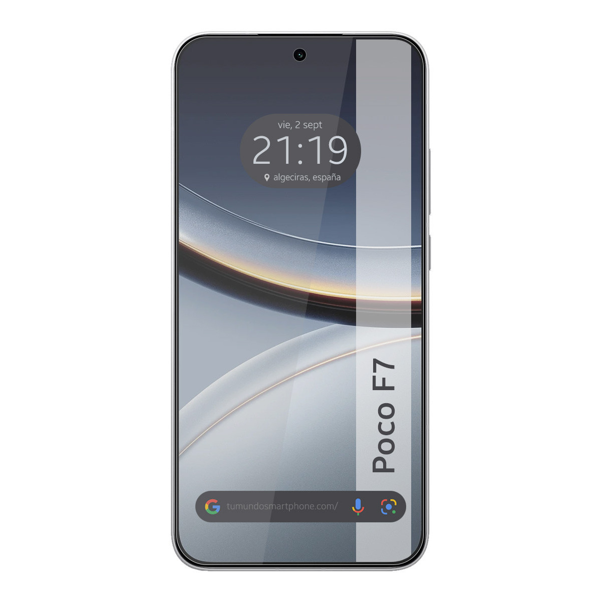Schermo di smartphone che mostra ora, data e città. Il marchio 'Poco F7' è visibile. Lo sfondo ha un design a onde.