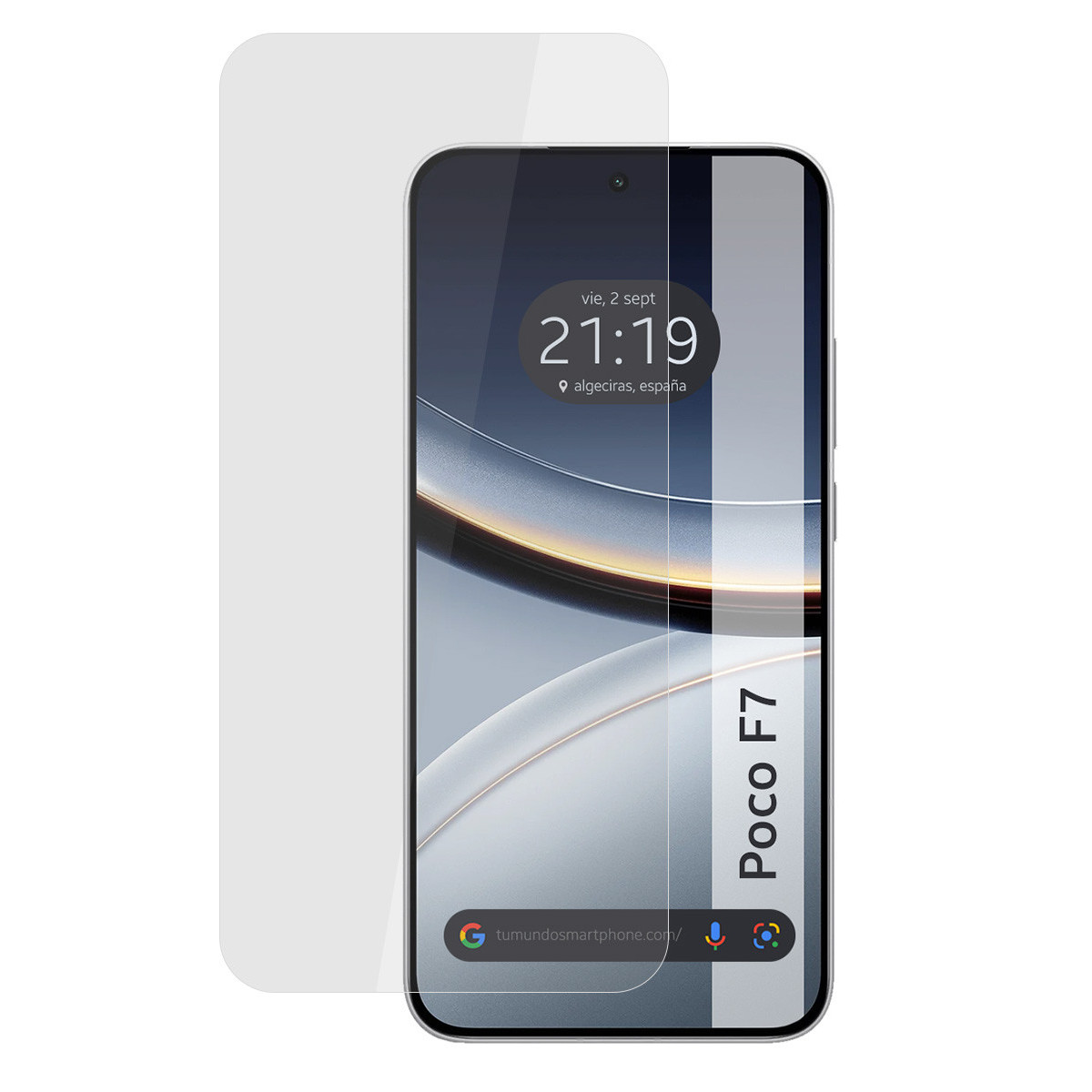 Uno smartphone con protezione schermo. Lo schermo mostra ora, data e posizione. Il telefono è etichettato 'Poco F7'.