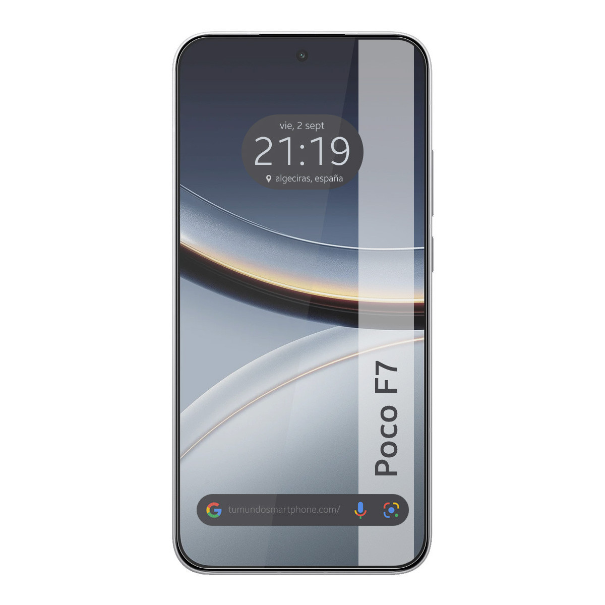 Schermo di smartphone che mostra ora, data e indirizzo del sito web. Il telefono è argento con la scritta "Poco F7".