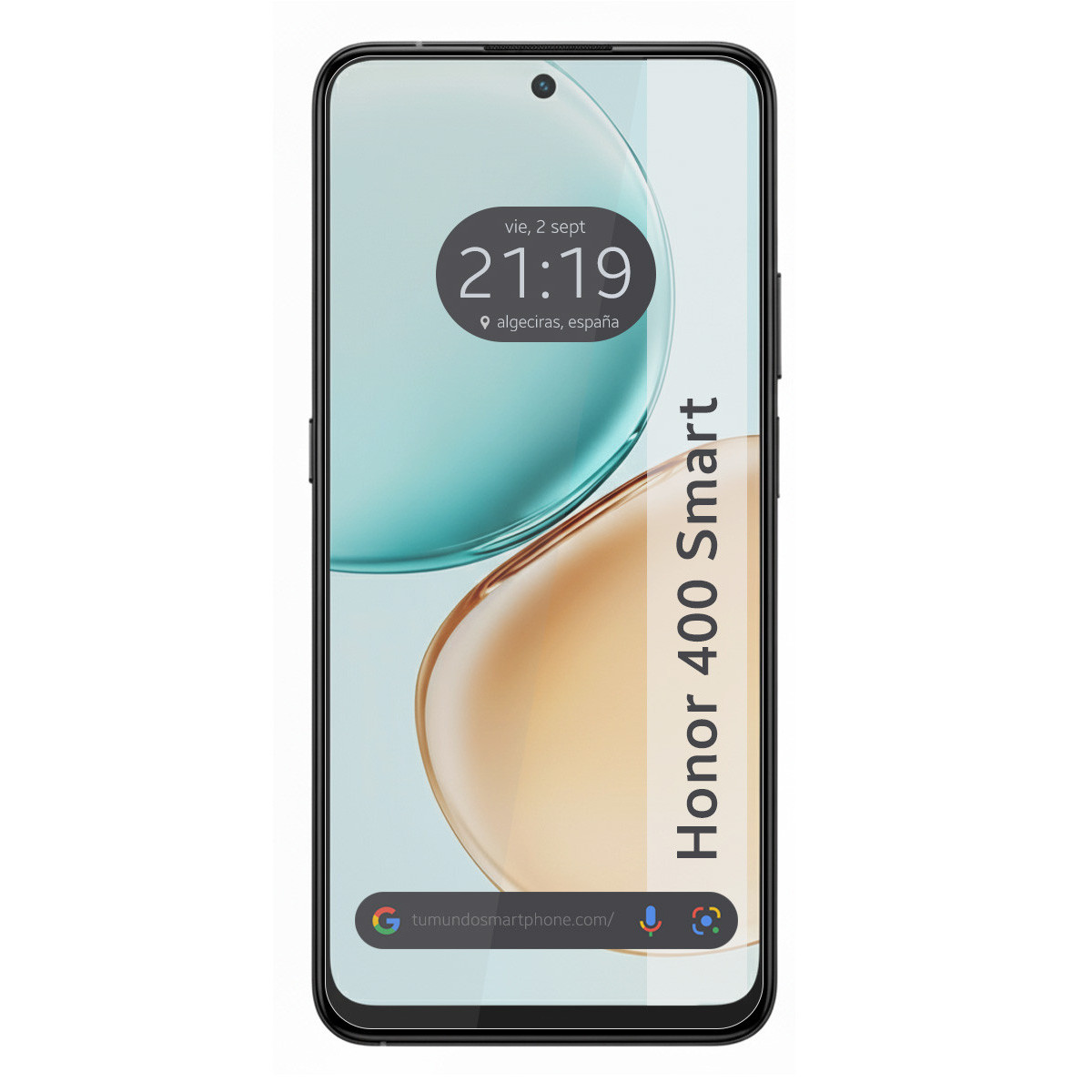 Lo schermo di uno smartphone mostra ora, data e posizione. Il modello del telefono è Honor 400 Smart.