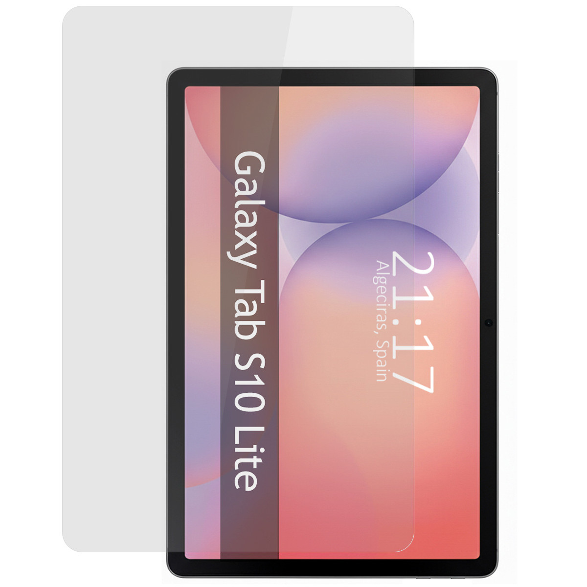 Una tableta con protector de pantalla. La pantalla muestra la hora 21:17 en Algeciras, España. El texto "Galaxy Tab S10 Lite" es visible.