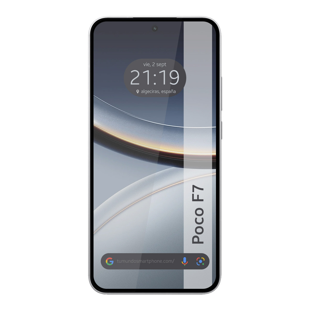 Lo schermo di uno smartphone mostra l'ora, la data e un indirizzo web. Il marchio del telefono è Poco F7. Su sfondo bianco.