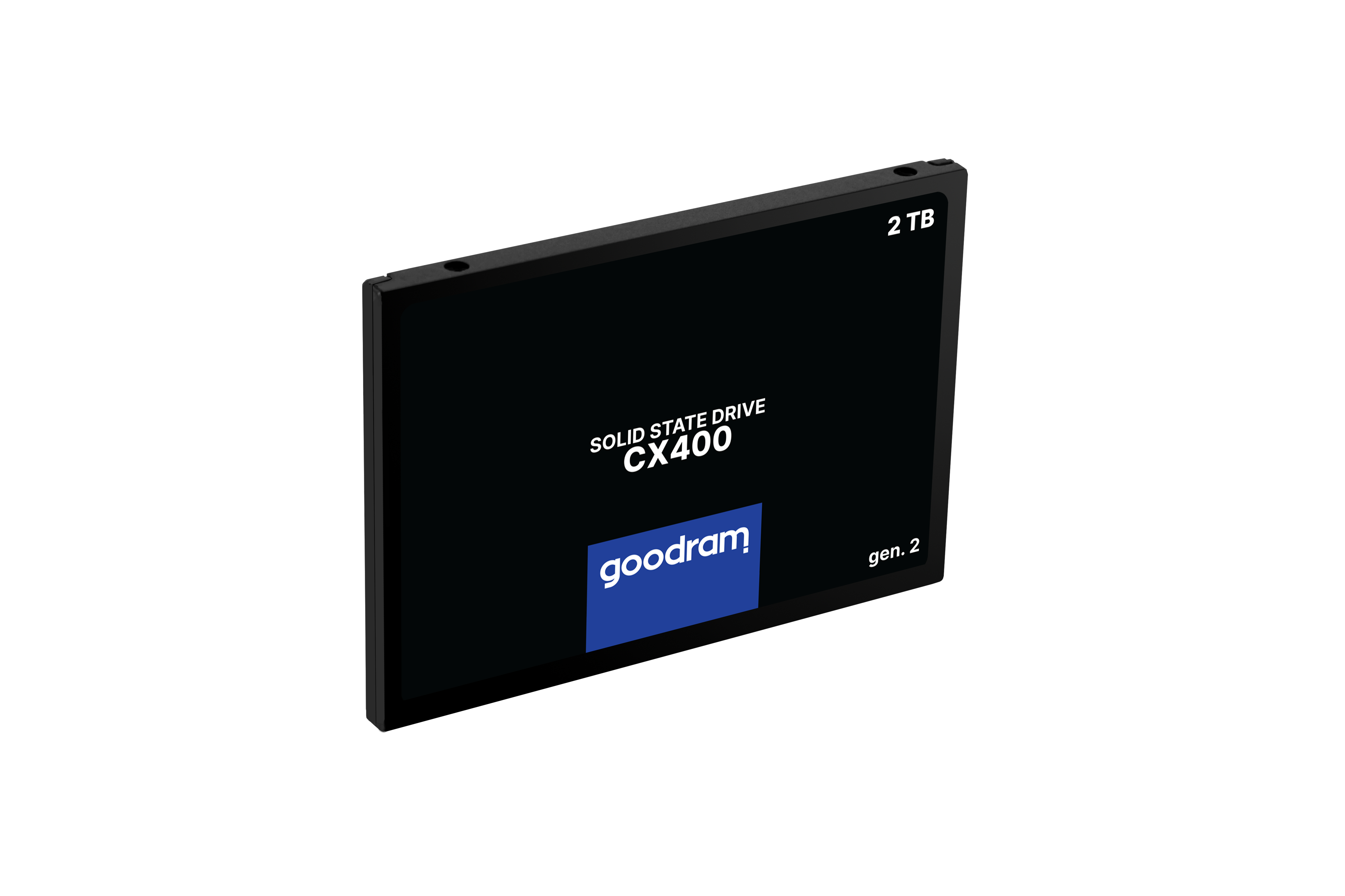 Czarny dysk SSD z białym tekstem: SOLID STATE DRIVE CX400, 2 TB i logo goodram. To gen. 2 na białym tle.