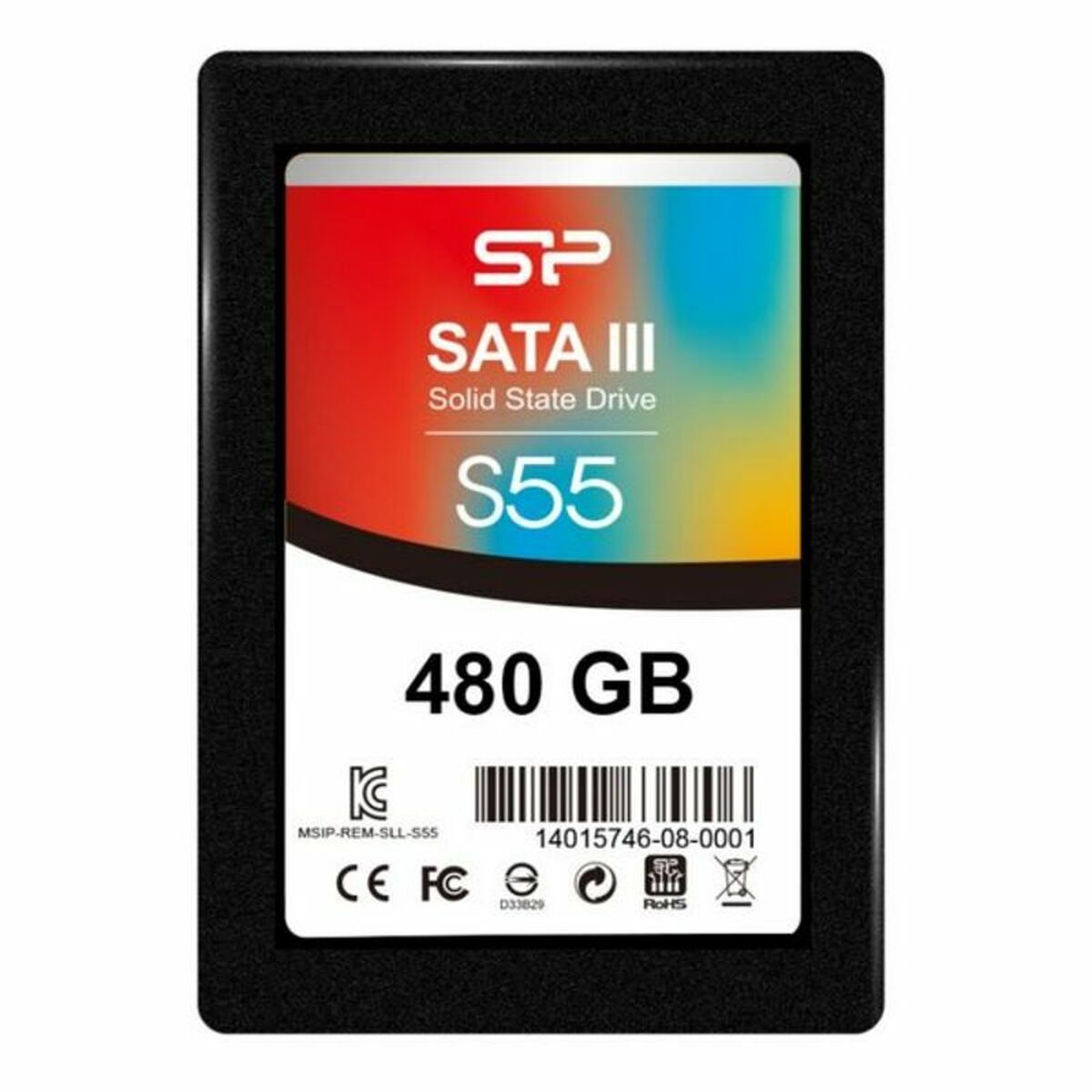 Czarny dysk SSD z etykietą z napisem 'SP SATA III S55 480 GB' i innymi szczegółami, takimi jak 'CE FC RoHS'.