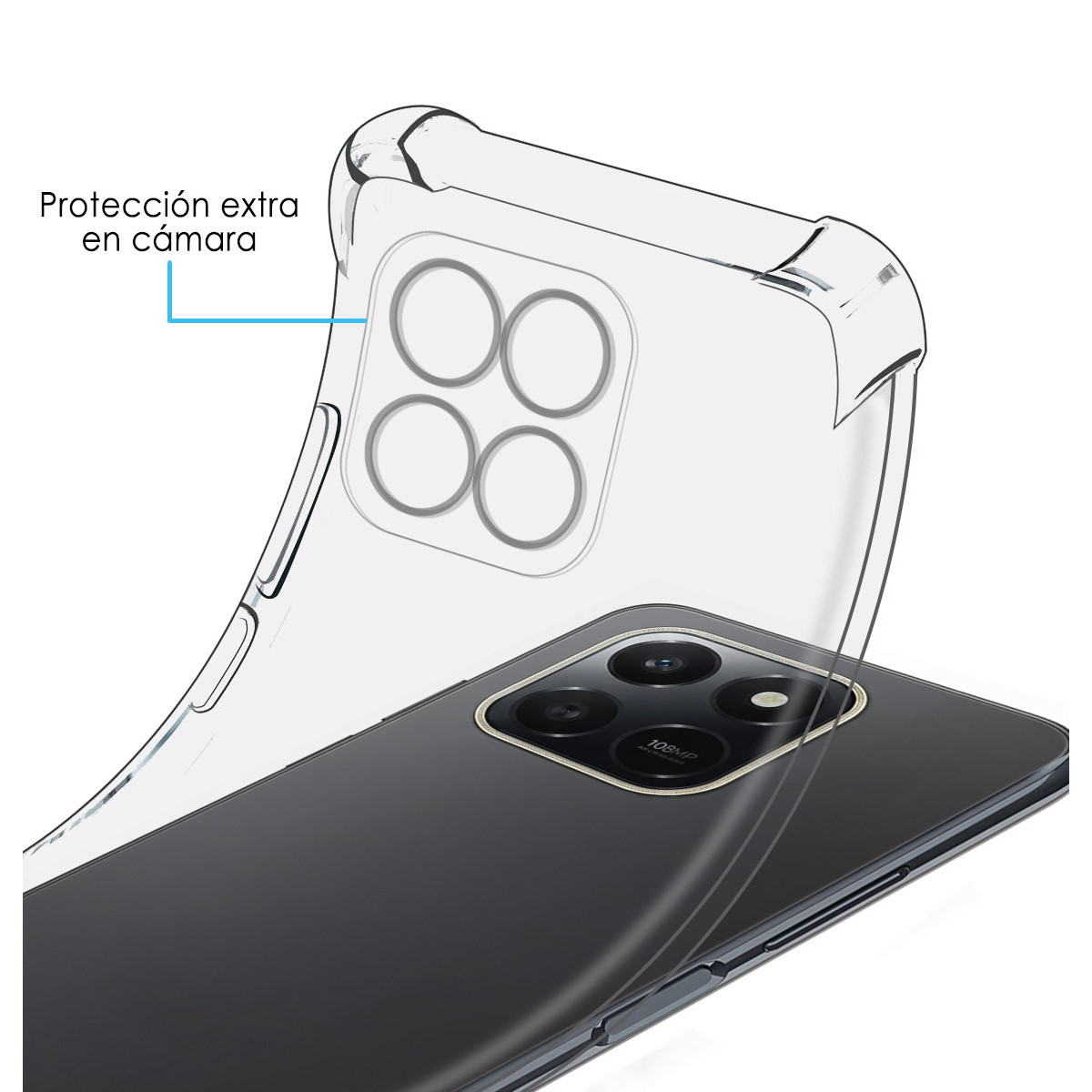 Una funda transparente sobre un teléfono negro. La funda es curva, con recortes para las lentes de la cámara. Texto: 'protección extra para la cámara'.