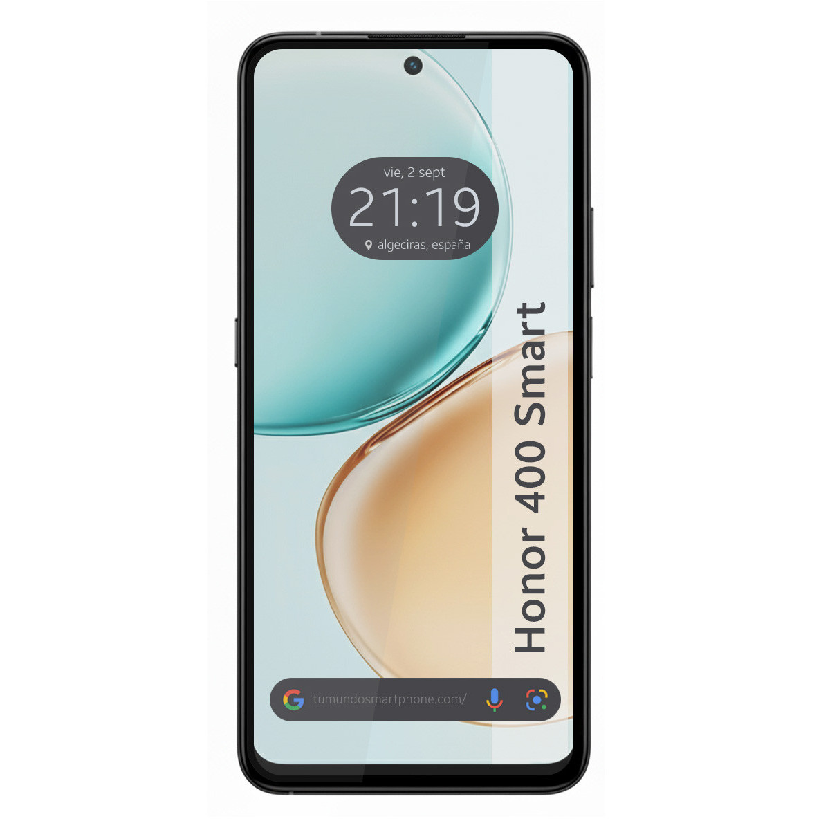 Smartphone nero che mostra ora, data e posizione. Testo Honor 400 Smart sul lato. Barra di ricerca Google in basso.