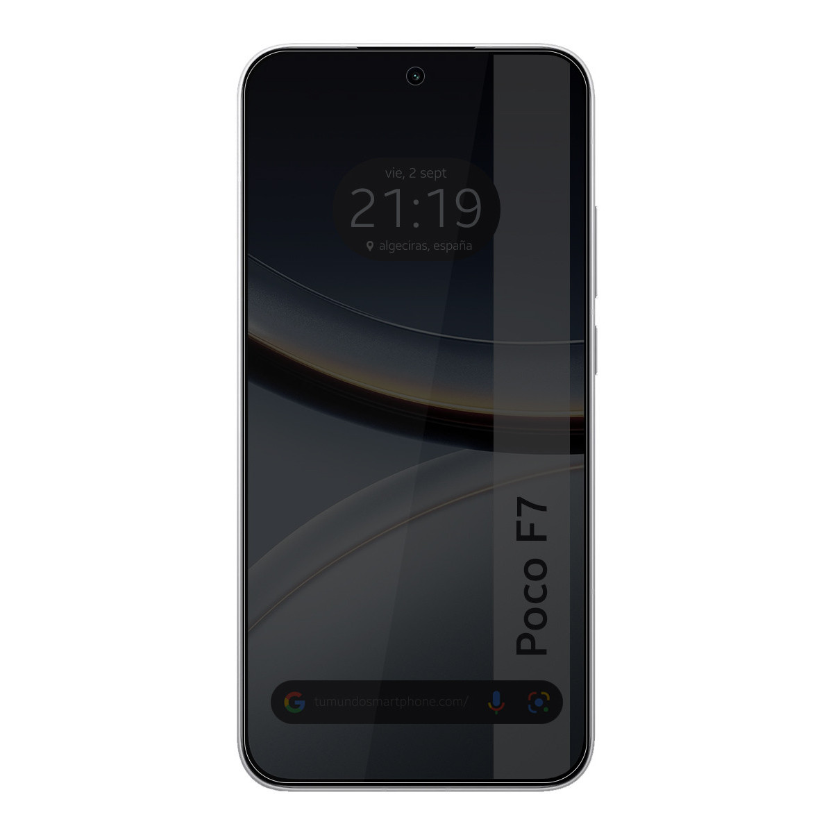 Uno schermo di smartphone mostra l'ora, la data e il luogo. Il telefono è un Poco F7. Lo schermo mostra uno sfondo scuro e astratto.