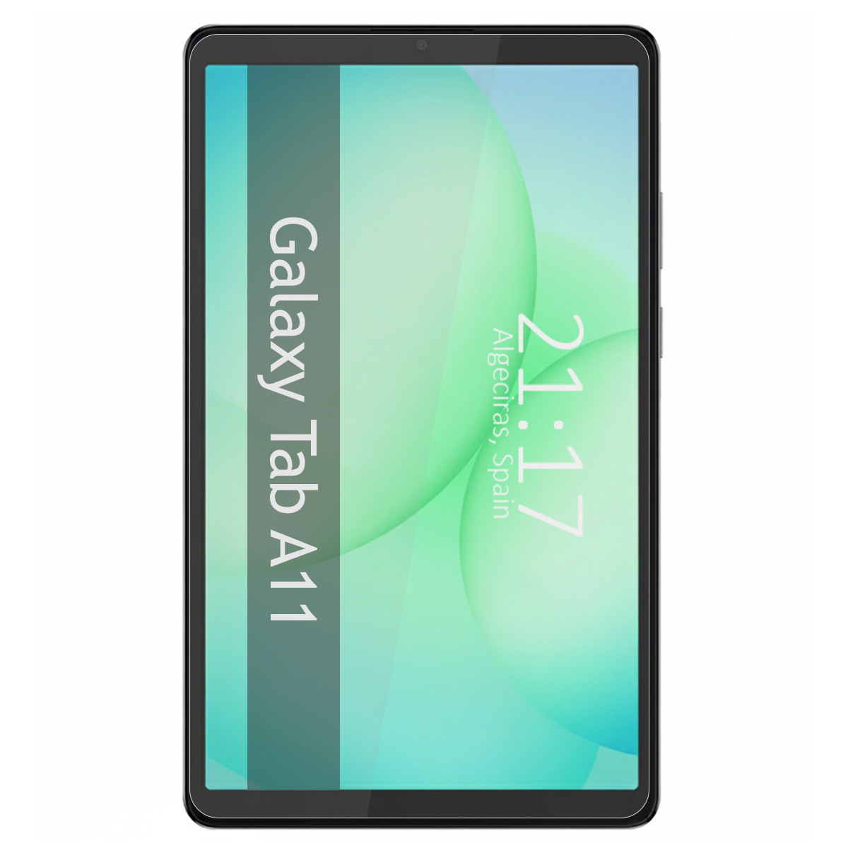 Un tablet Galaxy Tab A11 mostra l'ora 21:17 ad Algeciras, Spagna. Lo schermo ha uno sfondo verde e bianco.