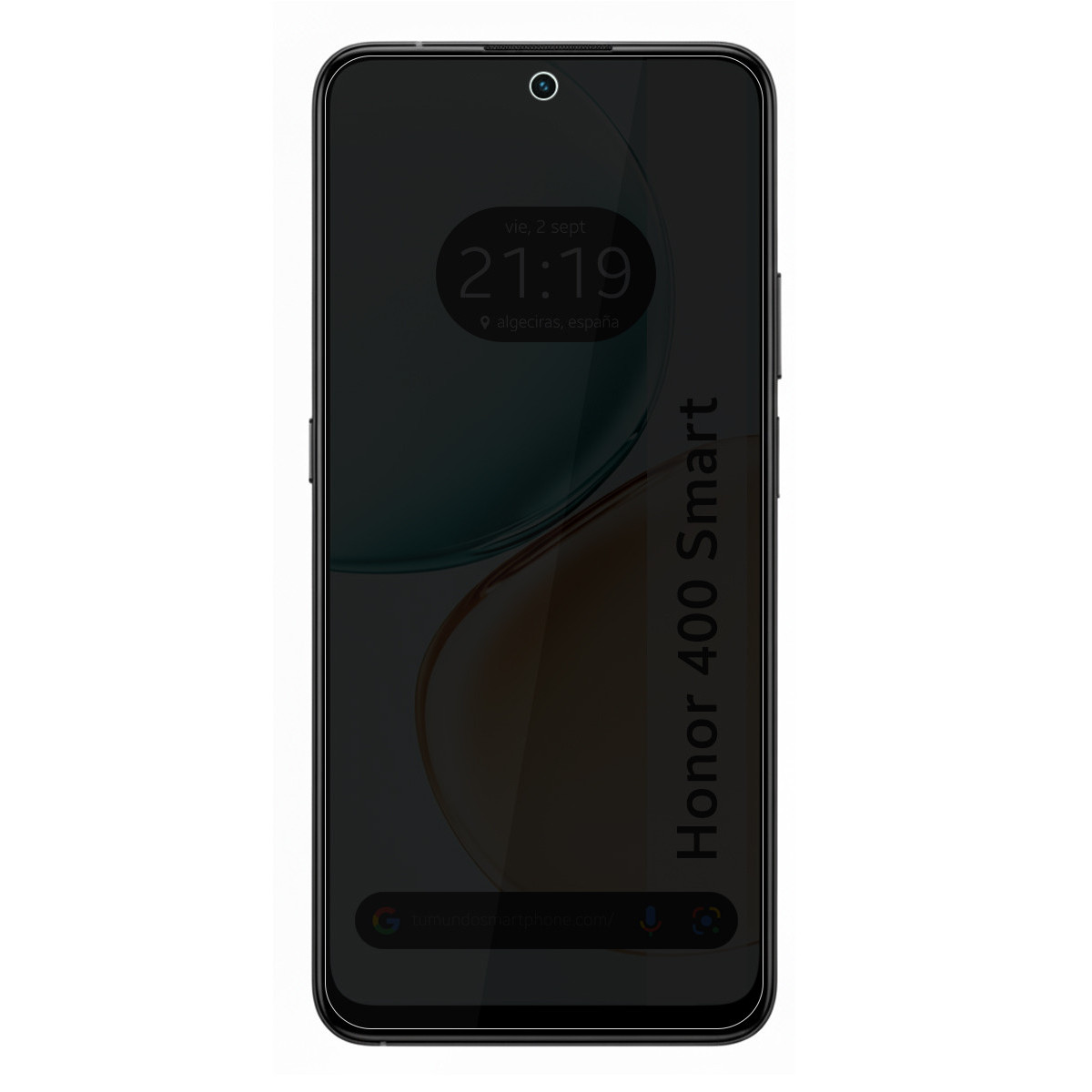 Lo schermo nero dello smartphone mostra ora, data e posizione. Il telefono è un Honor 400 Smart.