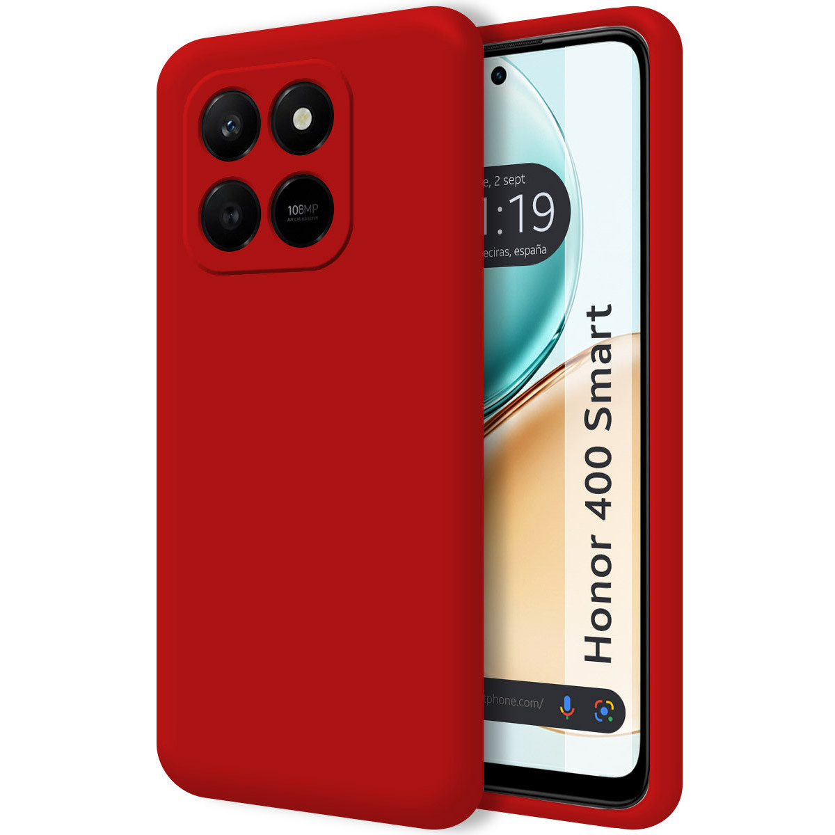 Viene mostrato un telefono rosso con custodia. Lo schermo mostra l'ora e il nome del telefono, 'Honor 400 Smart'. Ha più fotocamere.