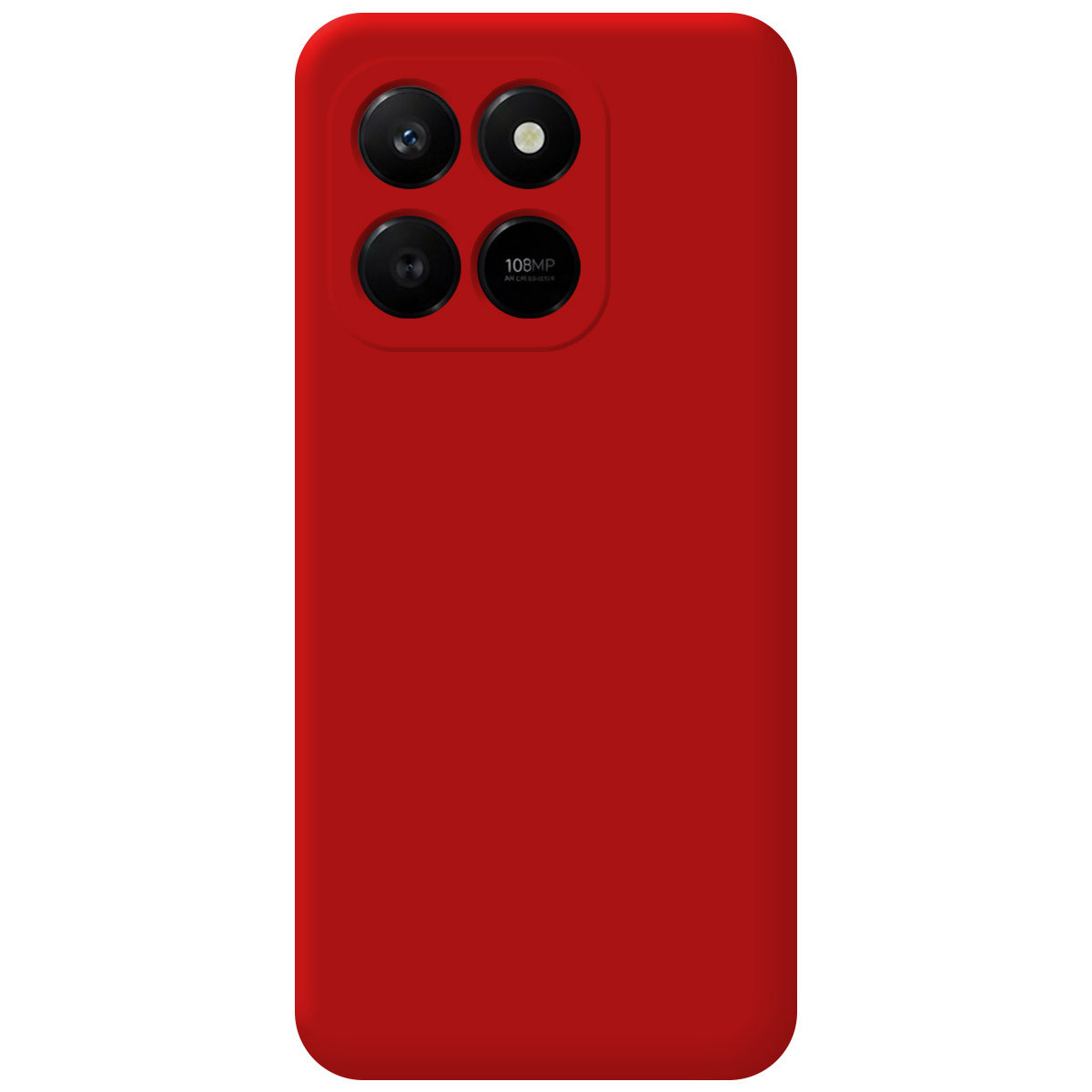 Un retro telefono rosso con quattro lenti nere e un'etichetta per fotocamera AI da 108 MP.