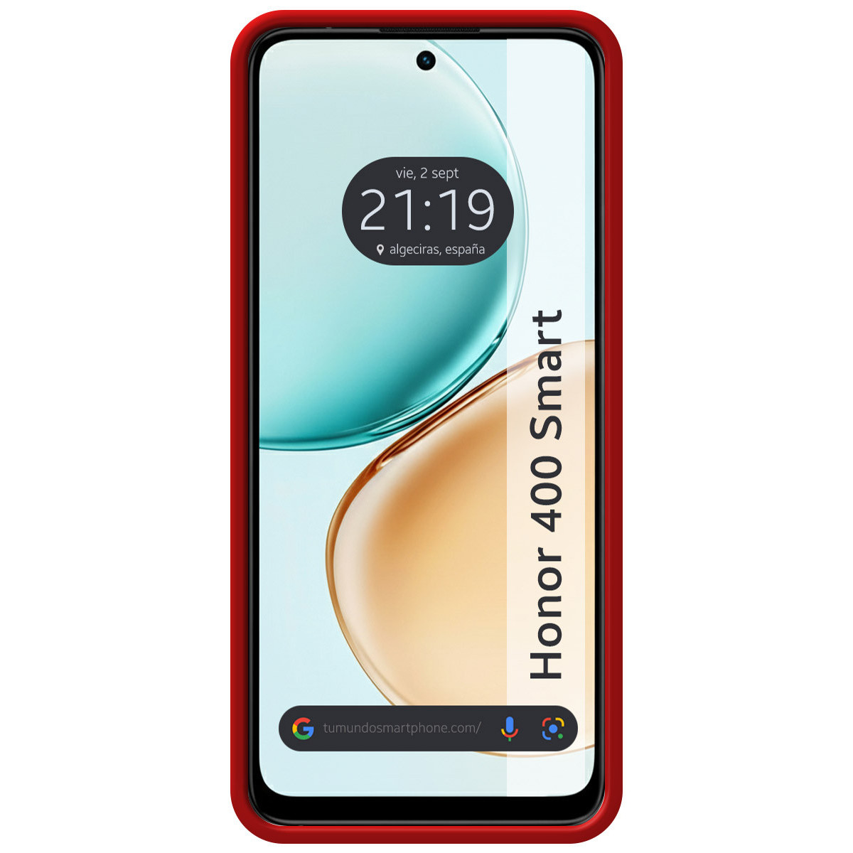 Lo schermo di uno smartphone mostra l'ora, la data e il luogo. Il telefono è in una custodia rossa con la scritta Honor 400 Smart.