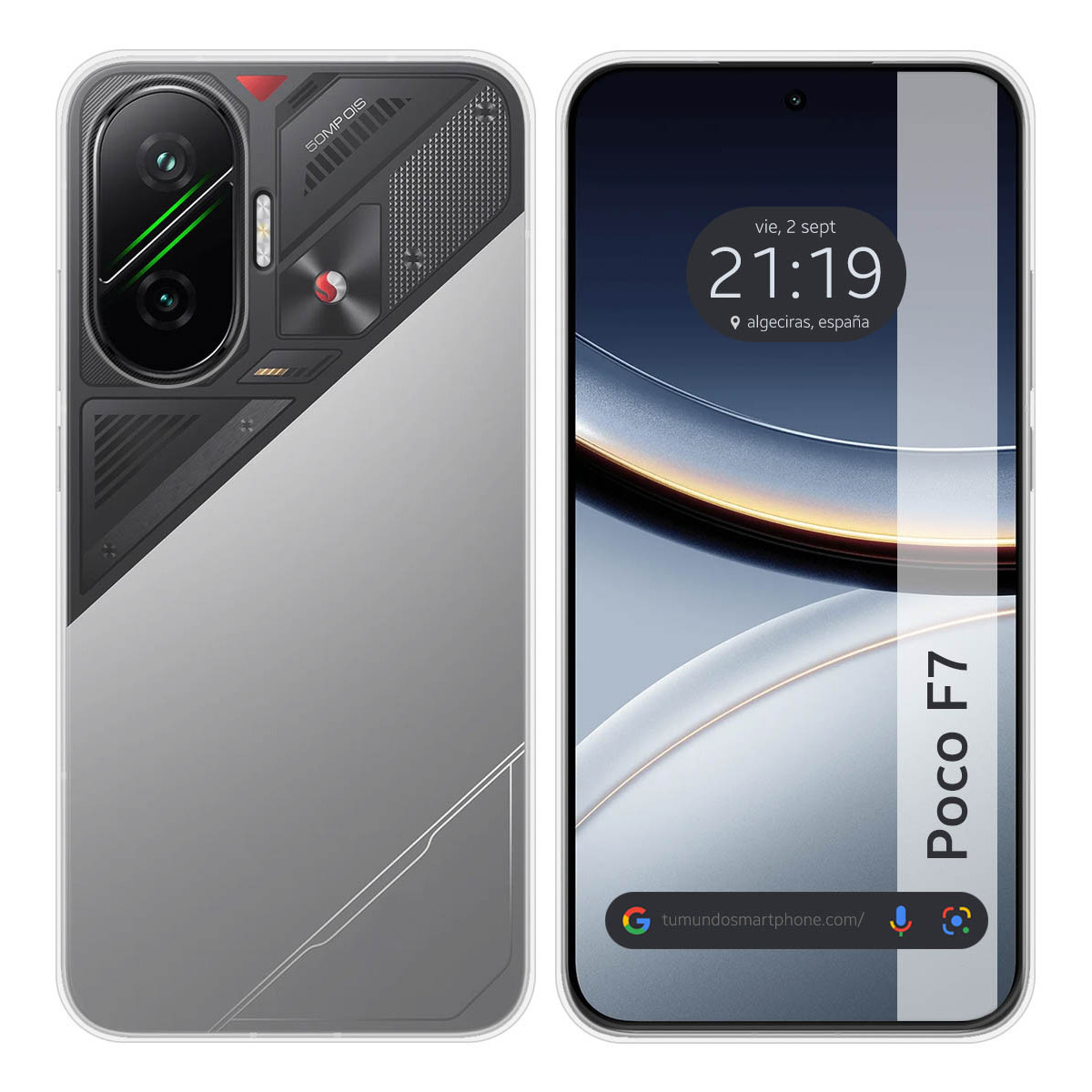 Uno smartphone con retro grigio e schermo che mostra l'ora. Il retro ha una fotocamera e lo schermo mostra l'ora e il luogo.