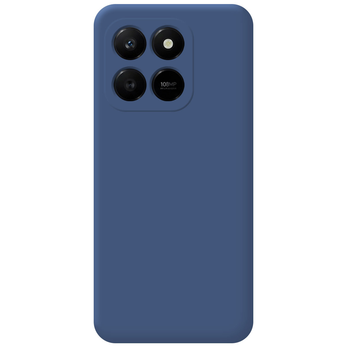 Una custodia per telefono blu scuro. Ha quattro obiettivi e un'etichetta per la fotocamera da 108MP.