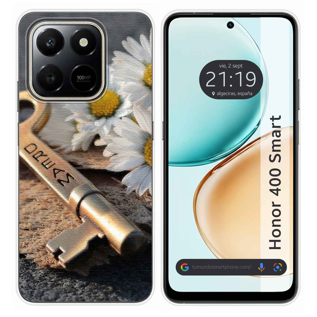 Funda con llave DREAM, margaritas y pantalla del teléfono mostrando la hora y las palabras Honor 400 Smart.