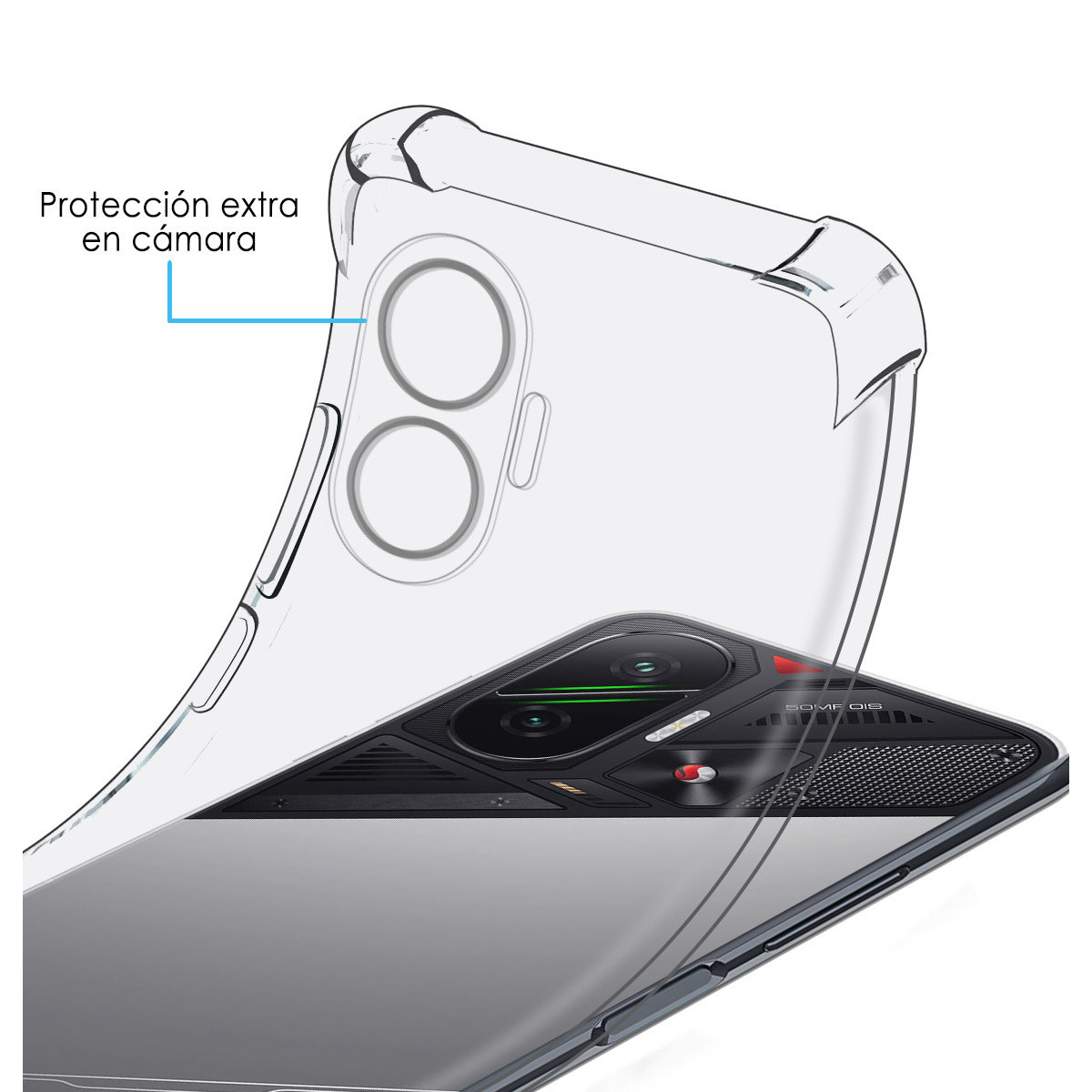 Custodia trasparente su telefono nero. Il testo indica protezione extra per la fotocamera. Il telefono ha più lenti e un pulsante rosso.