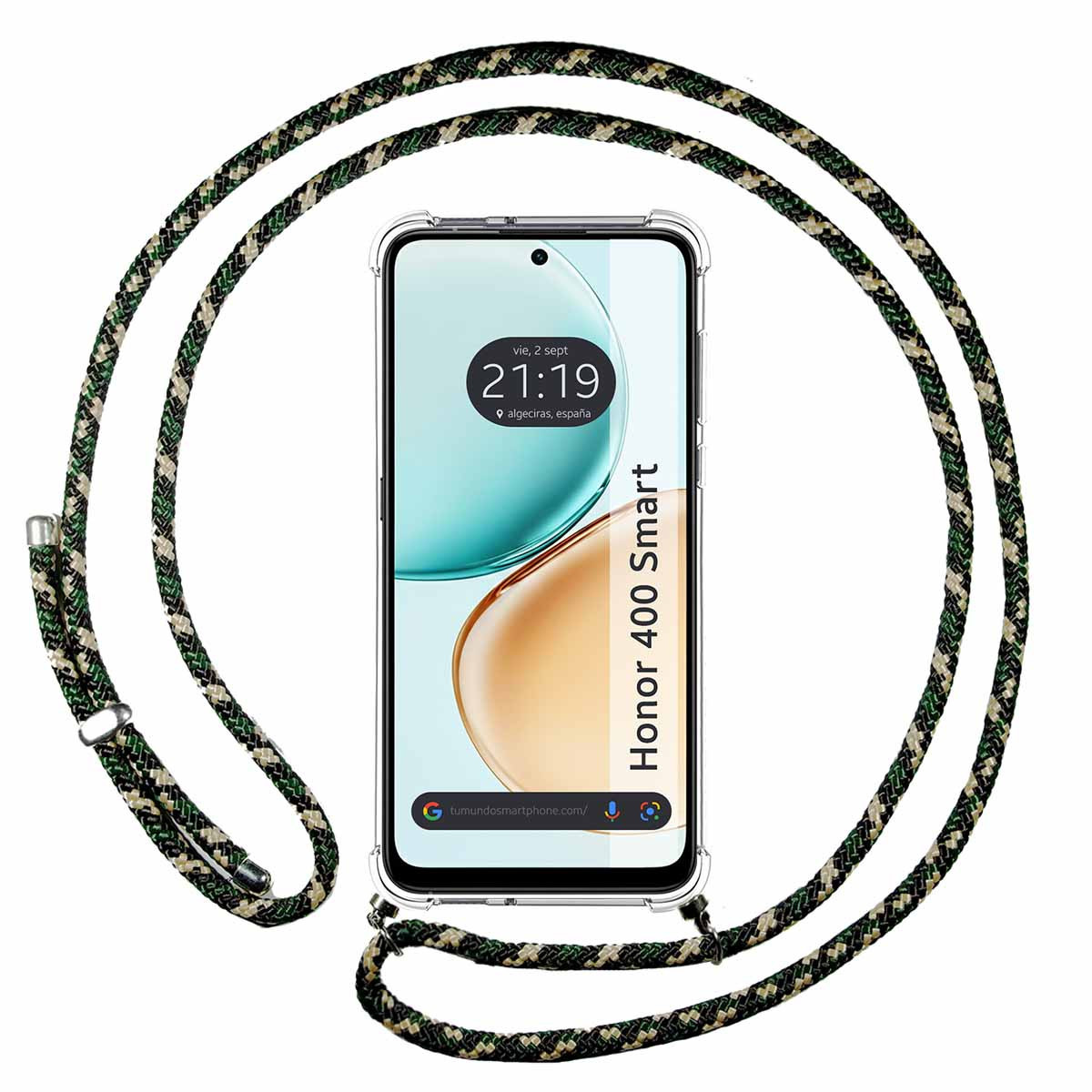 Un smartphone con un cordón. La pantalla muestra la hora, la fecha y la ubicación. El cordón es verde, negro y beige.