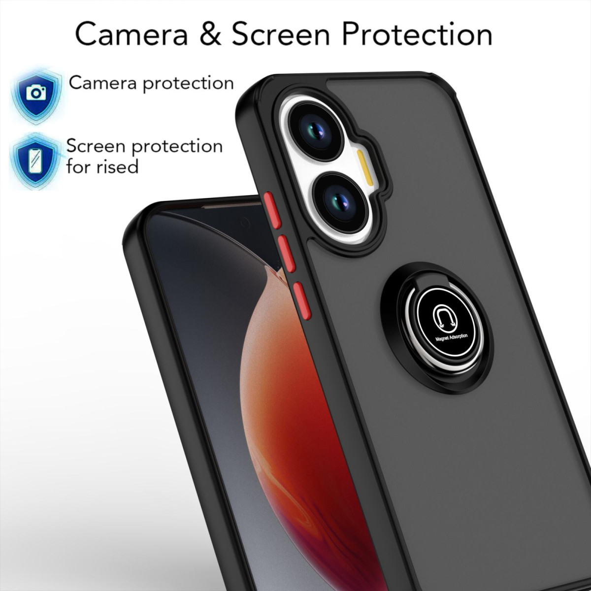 Viene mostrata una custodia per telefono con protezione per fotocamera e schermo. È nera con dettagli rossi e un supporto ad anello. C'è un telefono dentro.