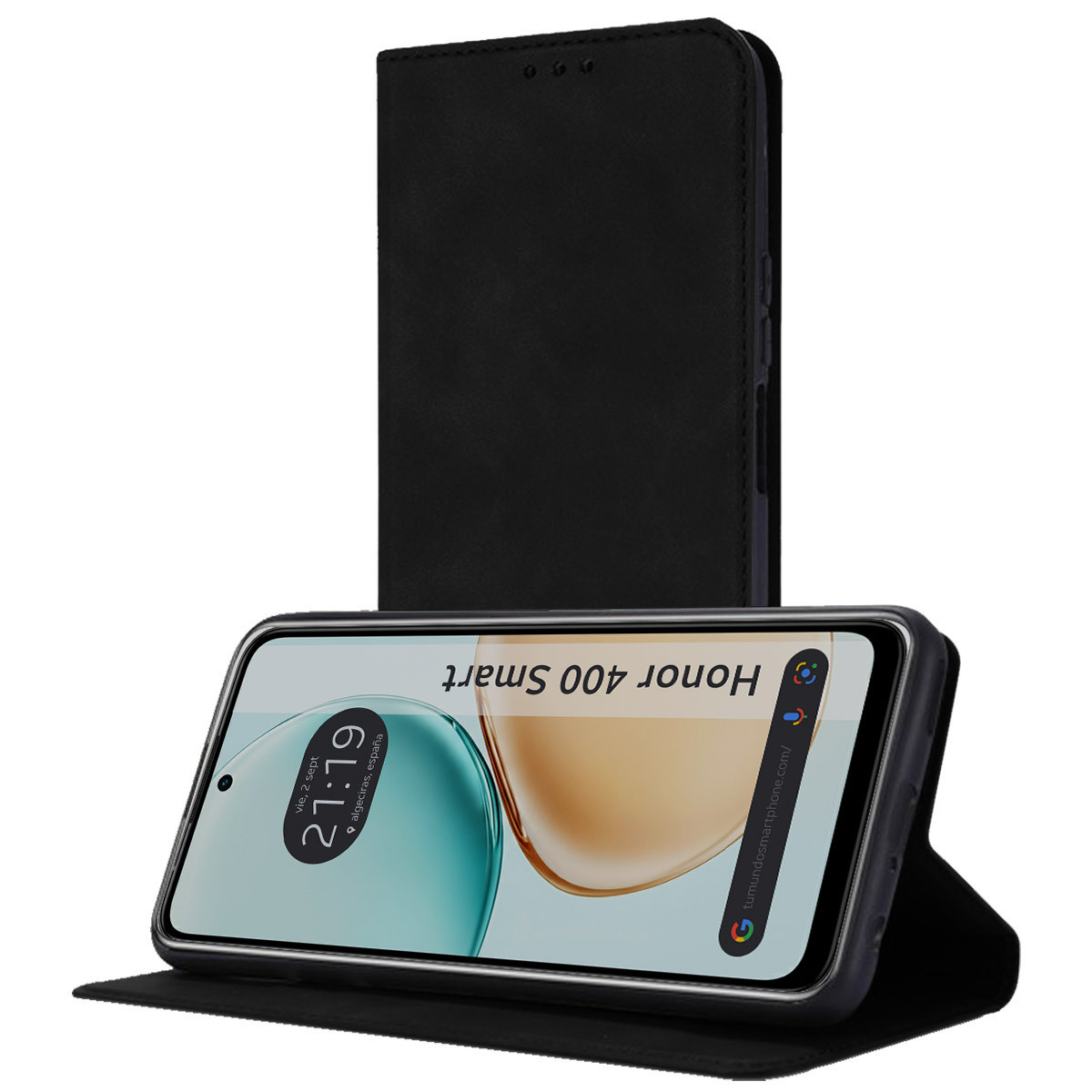 Una custodia nera per telefono con un telefono che mostra l'ora e il logo Honor. La custodia è aperta, mostrando lo schermo del telefono.