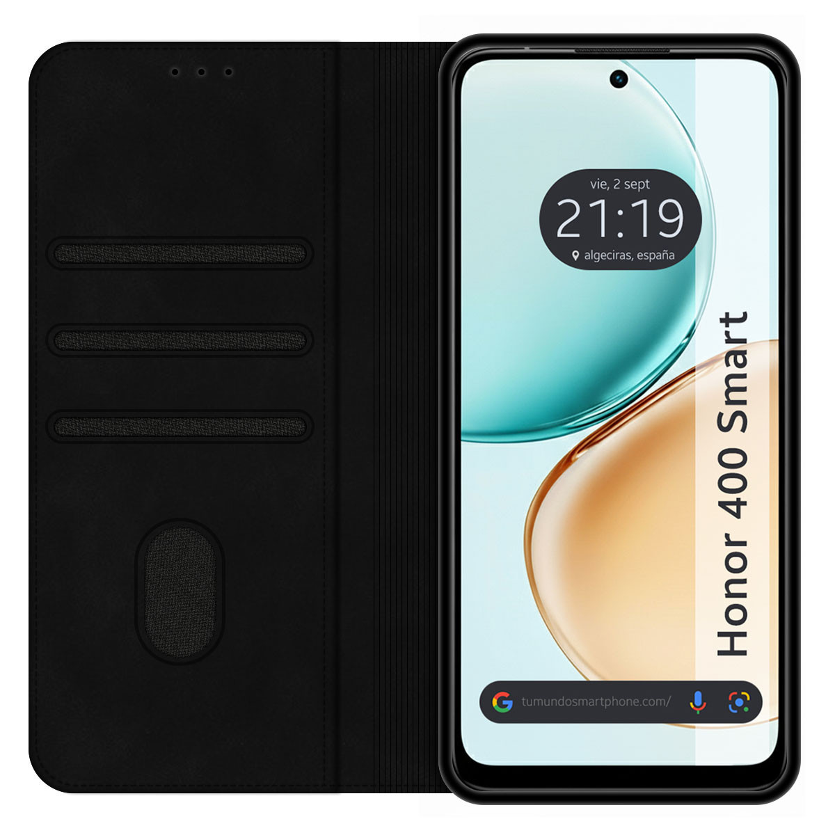 Smartphone nero con custodia aperta. Lo schermo mostra l'ora e uno sfondo blu e arancione.