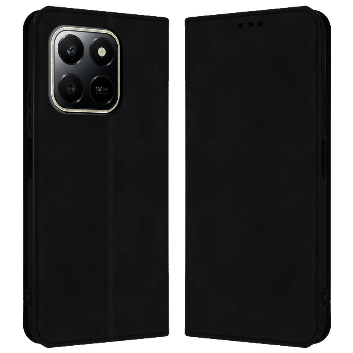 Custodia nera per telefono aperta, che mostra la fotocamera del telefono. La custodia è simile alla pelle con cuciture. La fotocamera ha quattro lenti.