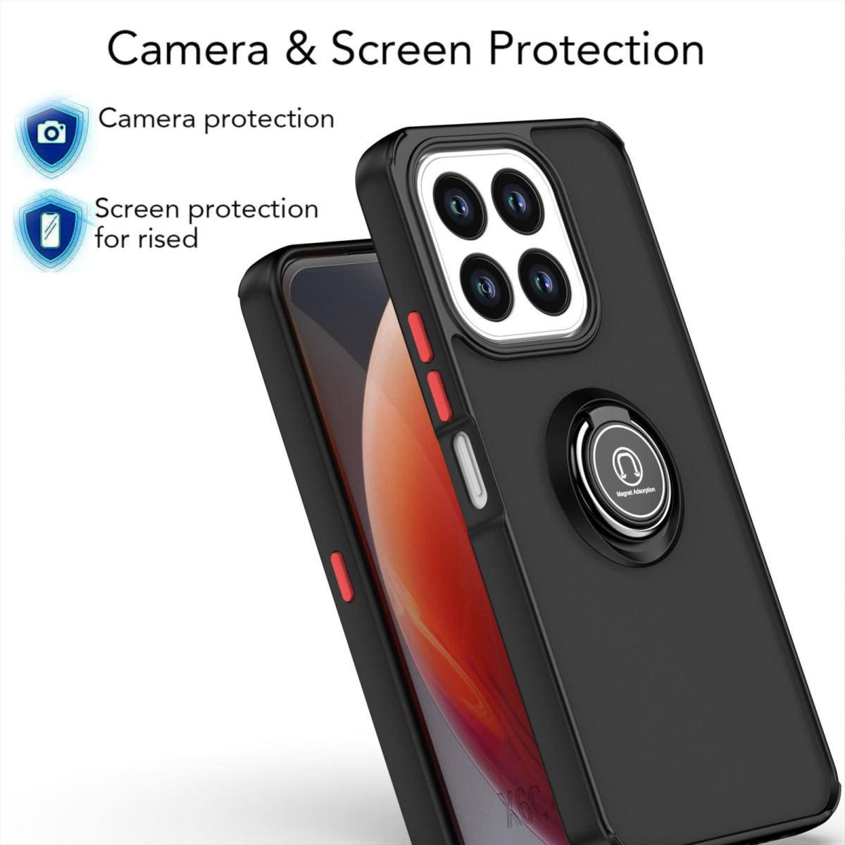 Una custodia per telefono nera con un supporto ad anello. La custodia ha funzioni di protezione della fotocamera e dello schermo. Lo sfondo è sfocato.