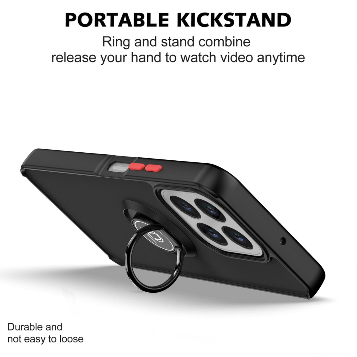 Una custodia nera per telefono con supporto ad anello. Intitolata 'PORTABLE KICKSTAND'. Testo: 'Durevole e non facile da perdere'.